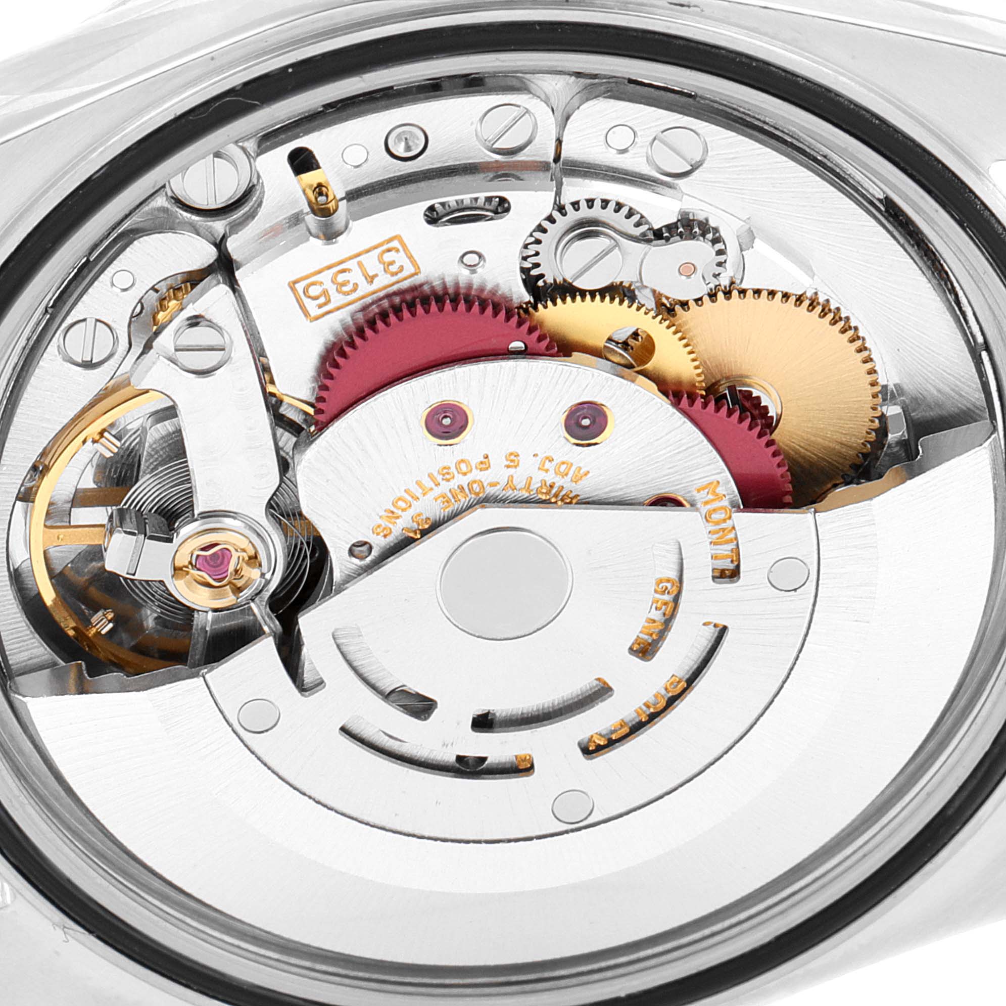 This image shows the internal mechanical movement of a Rolex Datejust 16220 Men's Stainless Steel White Dial 16220 Men's Stainless Steel White Dial watch at a close-up angle.