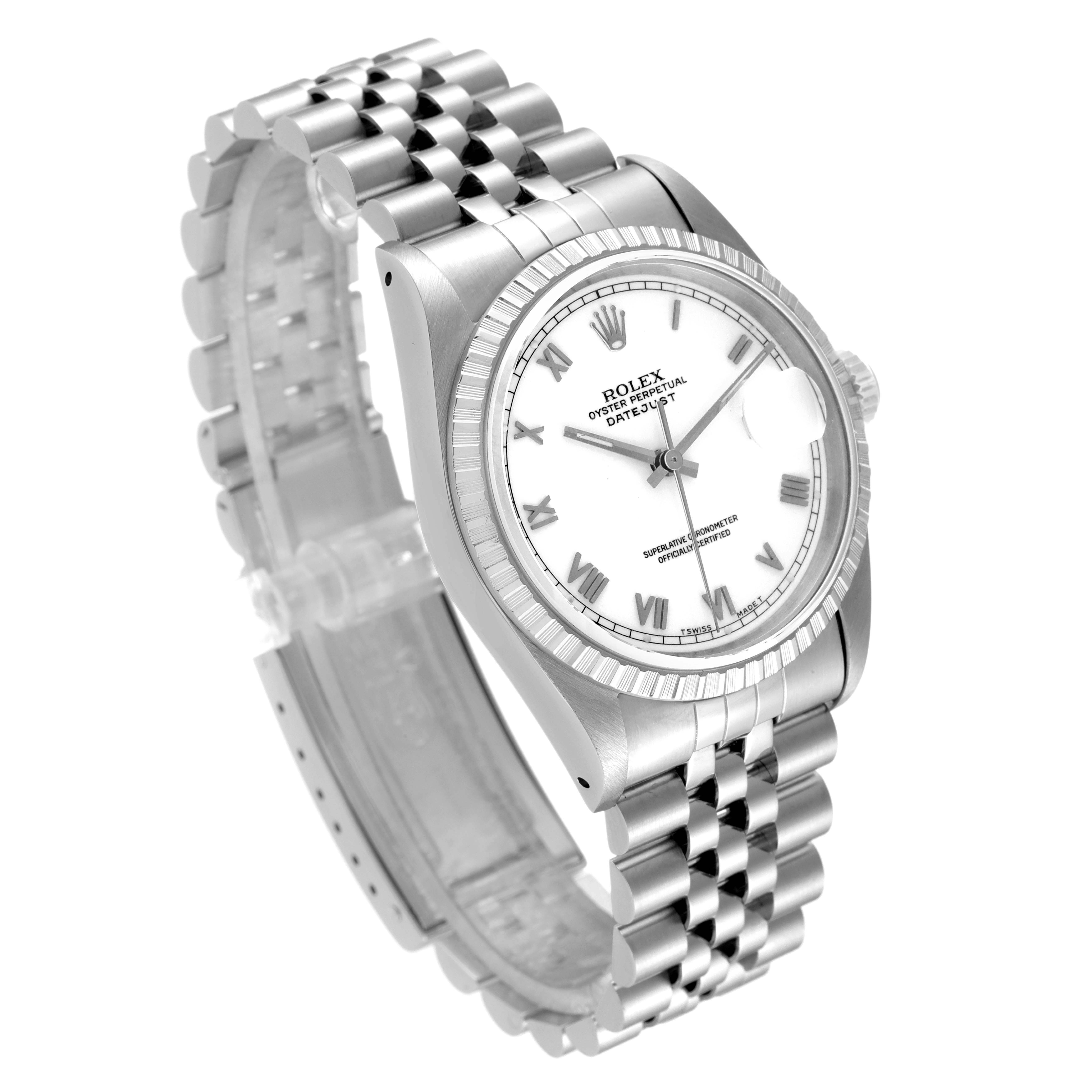 The image shows a Rolex Datejust 16220 Men's Stainless Steel White Dial 16220 Men's Stainless Steel White Dial watch angled to display its face, bezel, crown, and part of the bracelet.