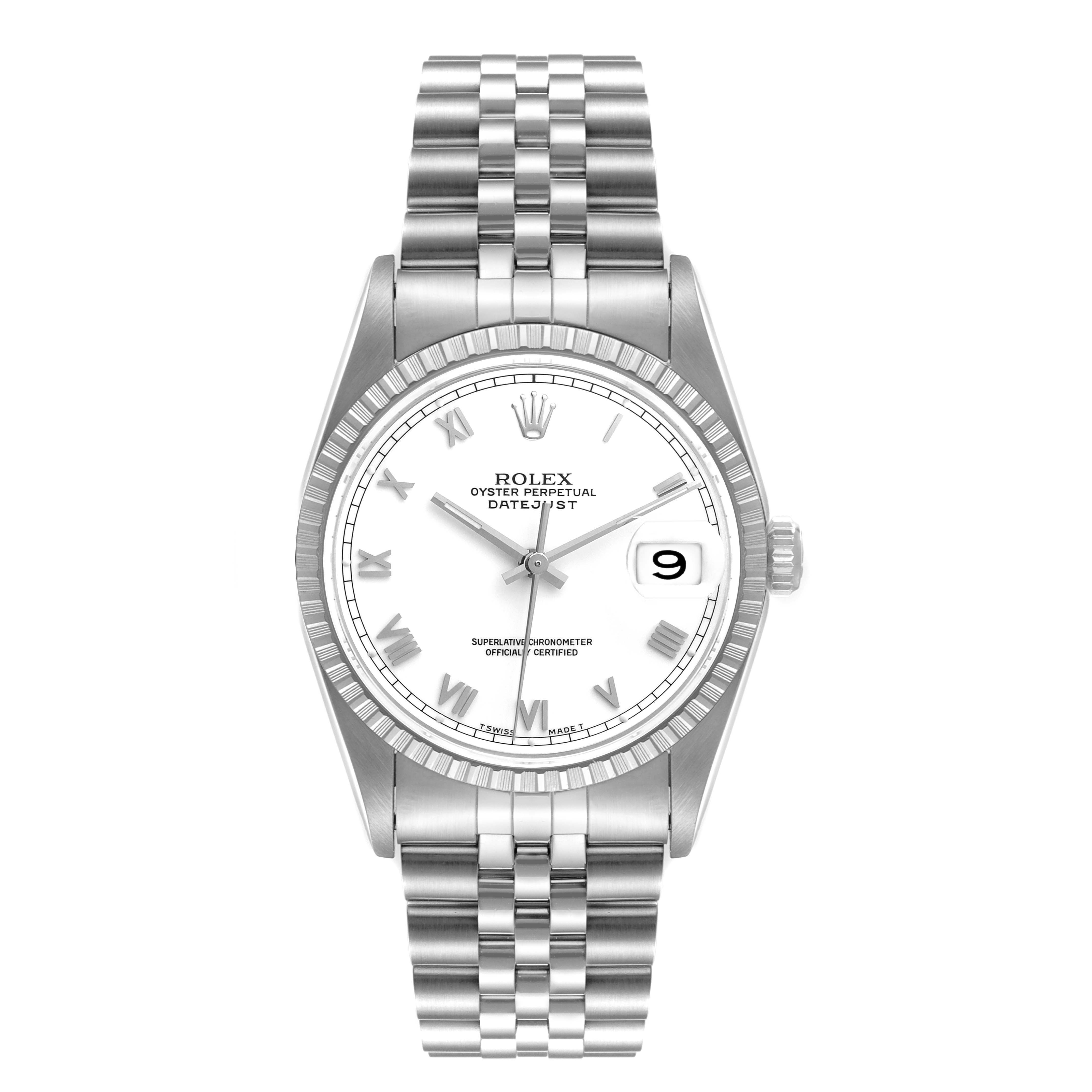 This image shows the front view of a Rolex Datejust 16220 Men's Stainless Steel White Dial 16220 Men's Stainless Steel White Dial watch, displaying its face, bezel, and bracelet.
