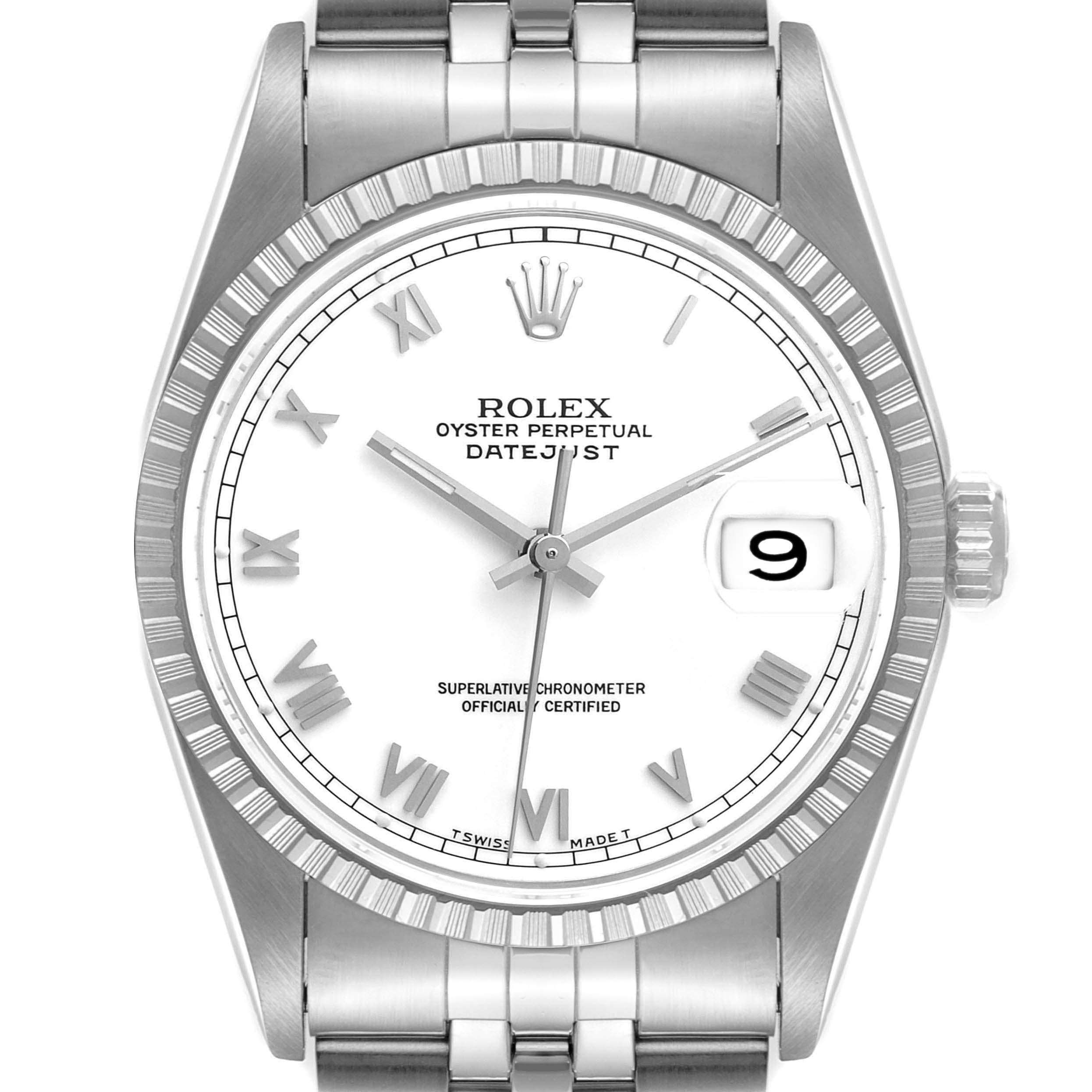 The image shows a frontal view of the Rolex Datejust 16220 Men's Stainless Steel White Dial 16220 Men's Stainless Steel White Dial watch, highlighting the dial, bezel, hands, crown, and part of the bracelet.