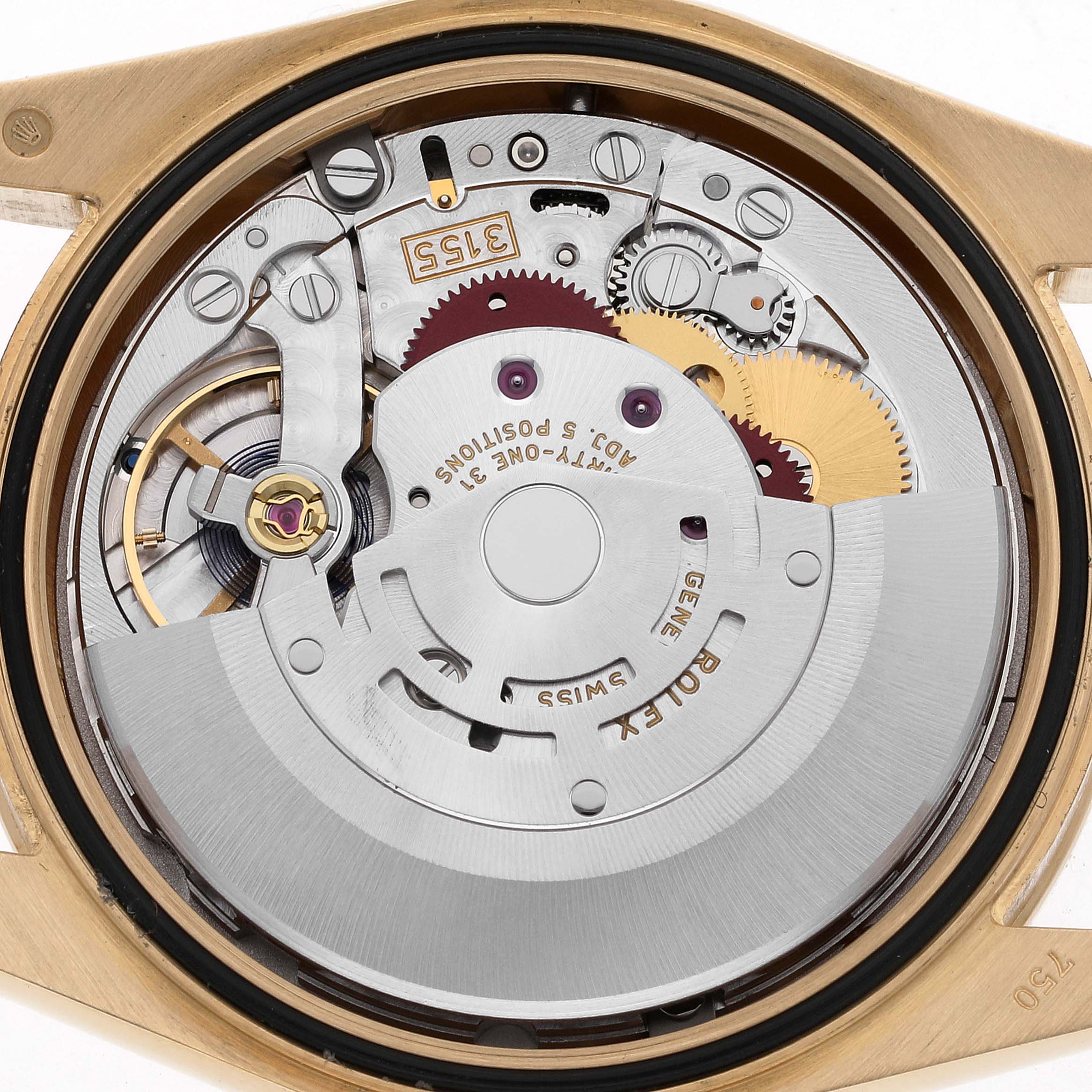 This image shows the internal movement parts of a Rolex President 118348 Men's Yellow Gold Mother of Pearl Dial 118348 Men's Yellow Gold Mother of Pearl Dial model watch from a back angle.