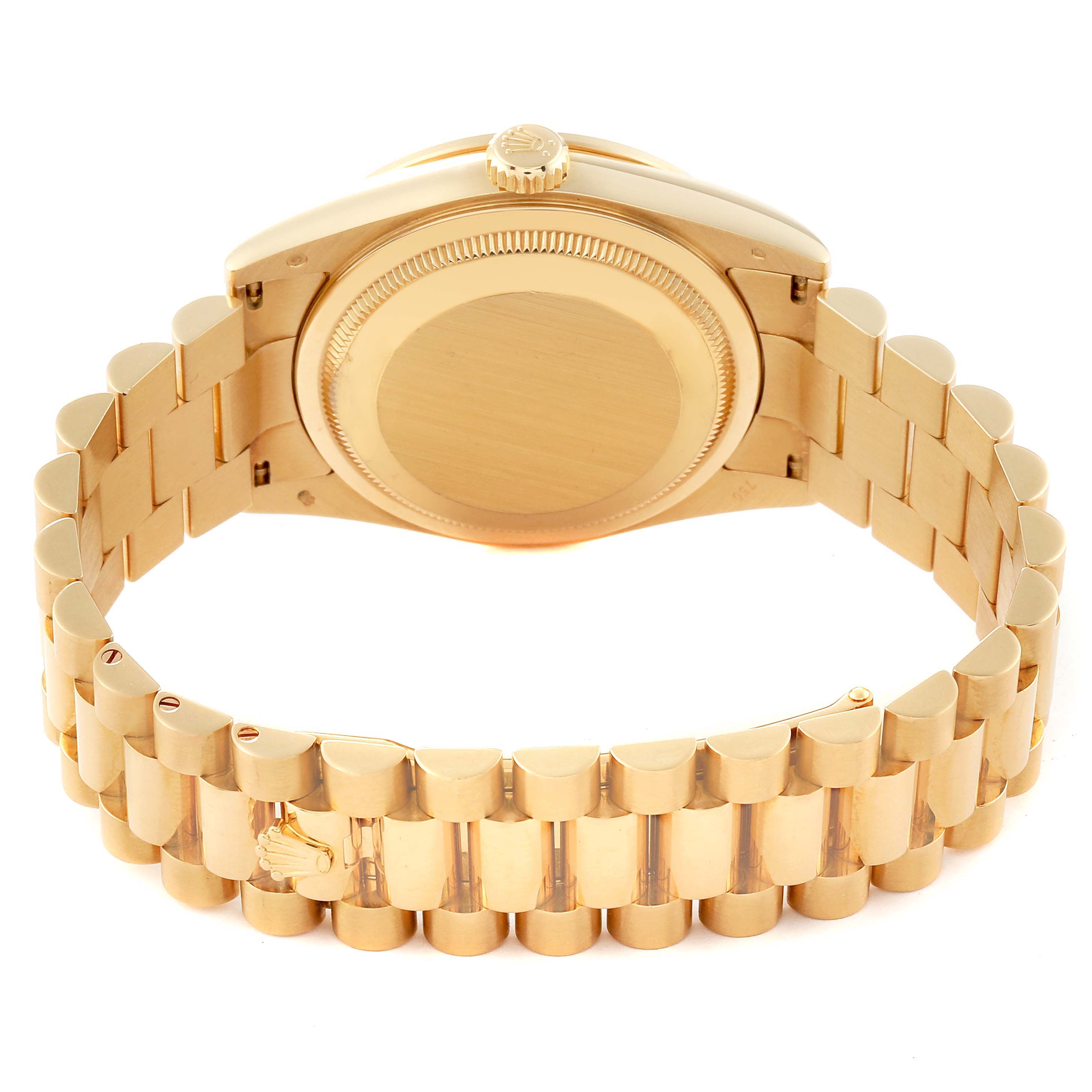 The image shows the back view of a Rolex President 118348 Men's Yellow Gold Mother of Pearl Dial 118348 Men's Yellow Gold Mother of Pearl Dial watch, highlighting the bracelet and casing.