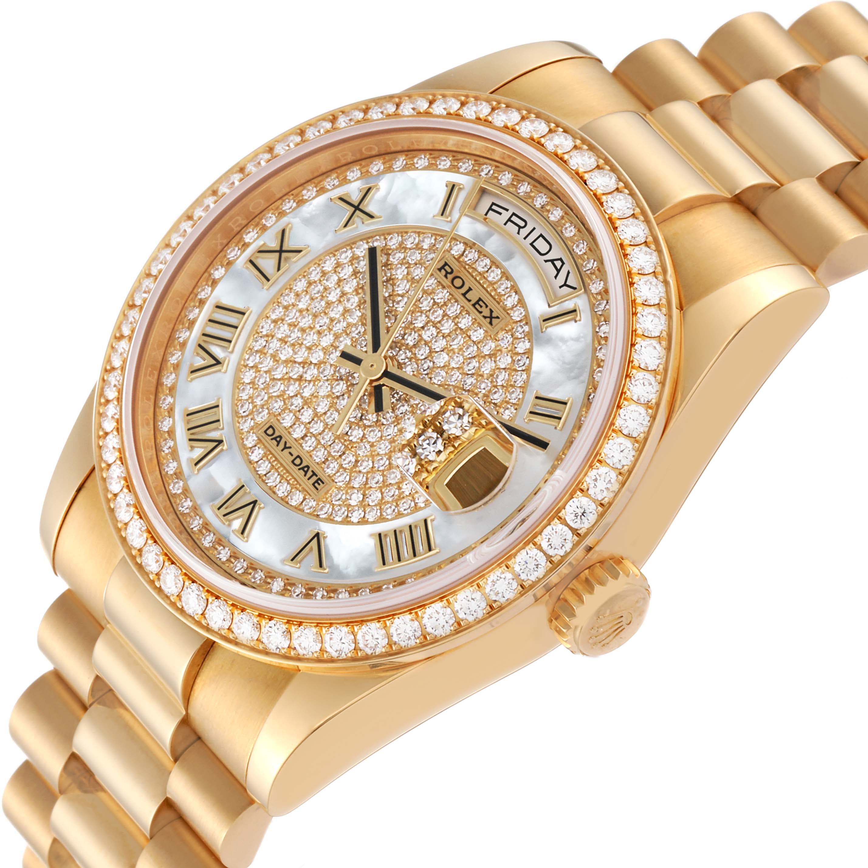The image shows a Rolex President 118348 Men's Yellow Gold Mother of Pearl Dial 118348 Men's Yellow Gold Mother of Pearl Dial model watch at an angled close-up, highlighting the face, bezel, and part of the band.