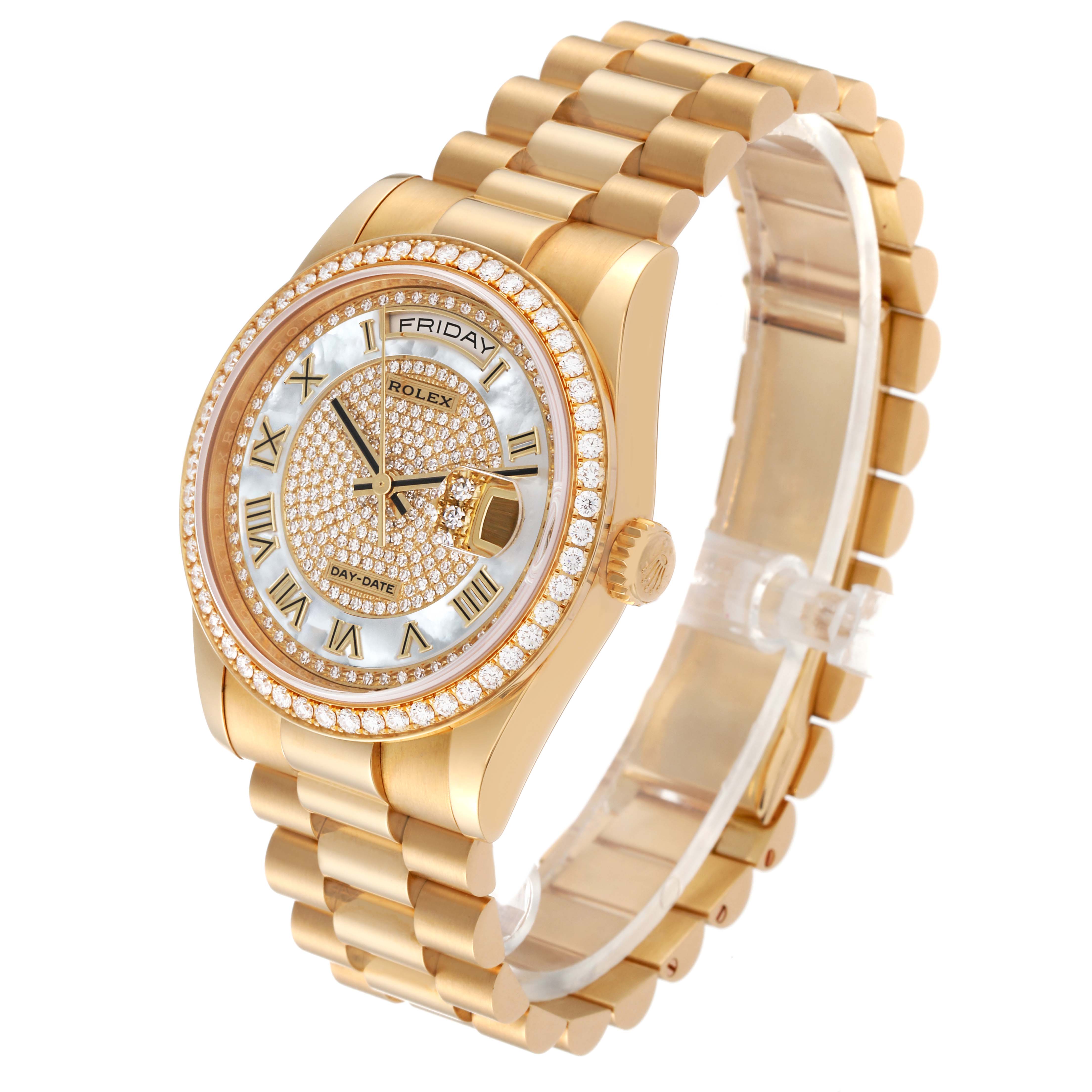 This image shows the Rolex President 118348 Men's Yellow Gold Mother of Pearl Dial 118348 Men's Yellow Gold Mother of Pearl Dial model watch angled slightly from the front, highlighting its bezel, dial, bracelet, and crown.