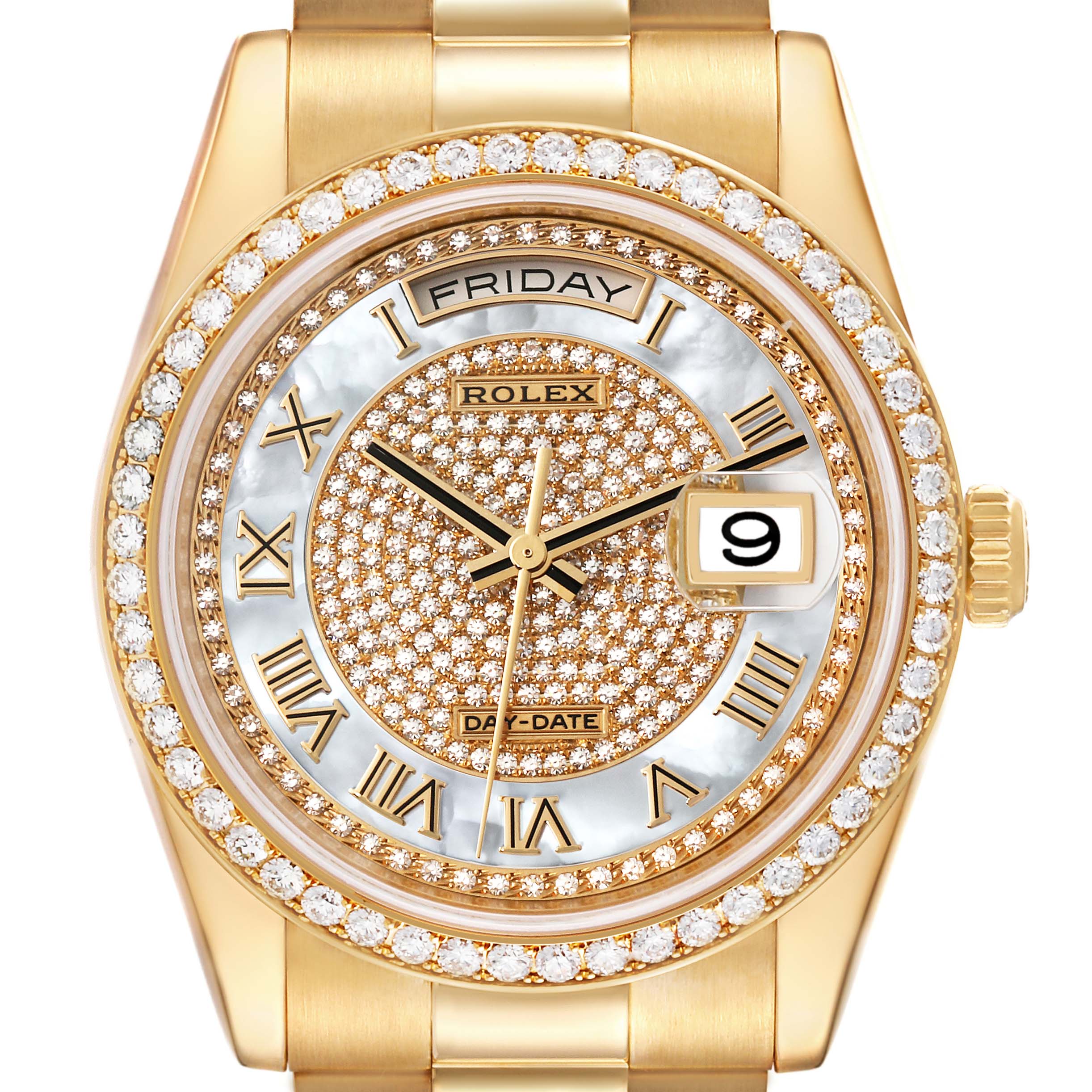 This Rolex President 118348 Men's Yellow Gold Mother of Pearl Dial 118348 Men's Yellow Gold Mother of Pearl Dial model is shown from a top-down angle, highlighting the gold bracelet, diamond-studded bezel, and detailed dial with day and date displays.