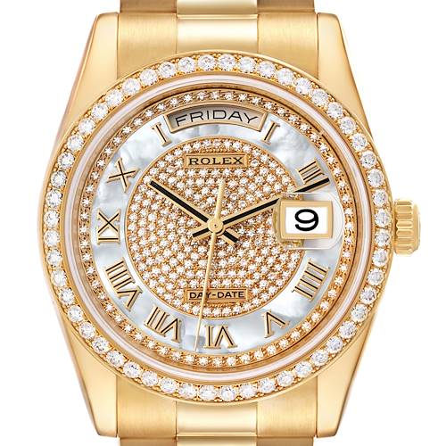 Photo of Rolex Day Date President Yellow Gold Mother Of Pearl Dial Diamond Mens Watch 118348 Box Card