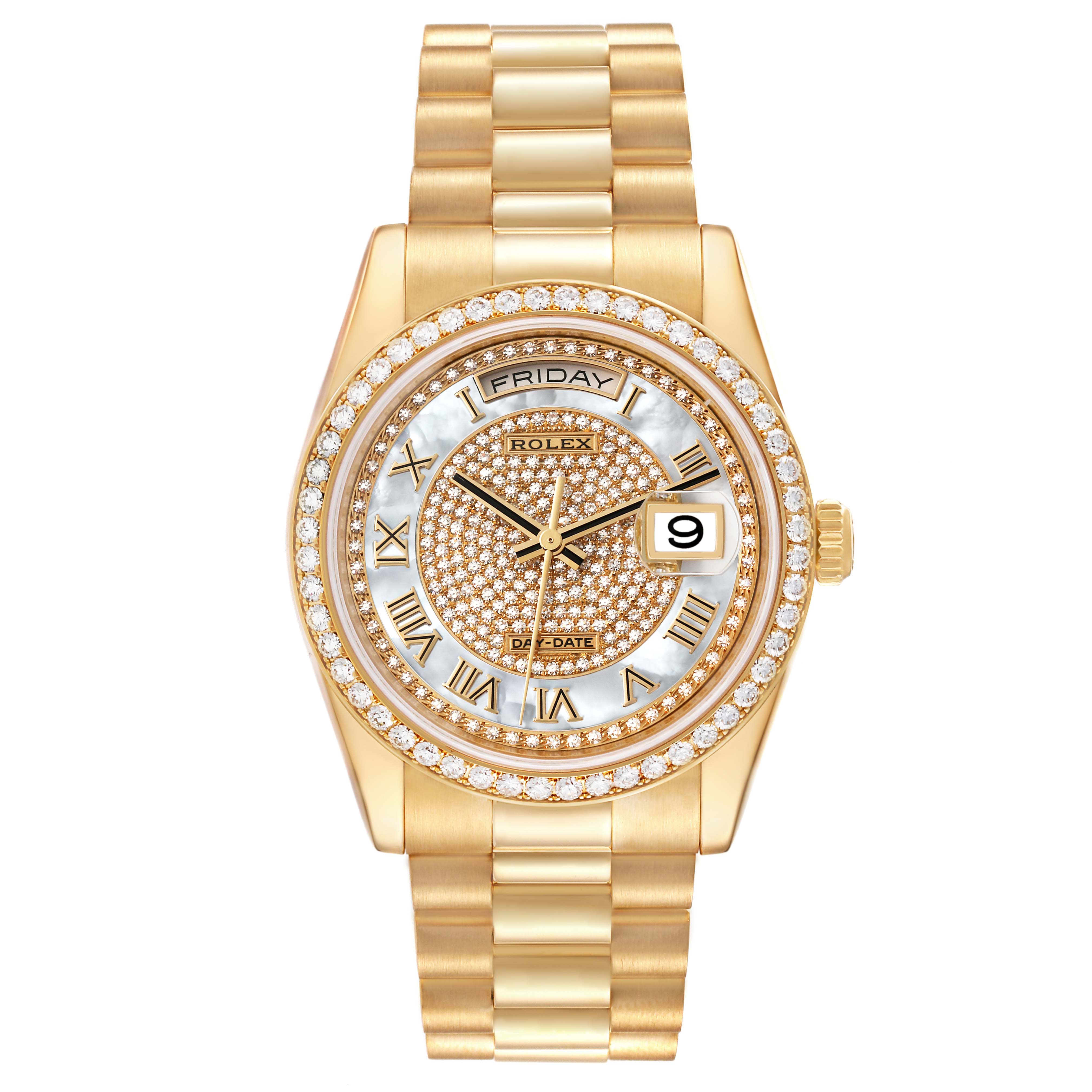 The image shows a Rolex President 118348 Men's Yellow Gold Mother of Pearl Dial 118348 Men's Yellow Gold Mother of Pearl Dial watch, featuring its gold bracelet, diamond-encrusted bezel, and detailed face with day and date indicators.