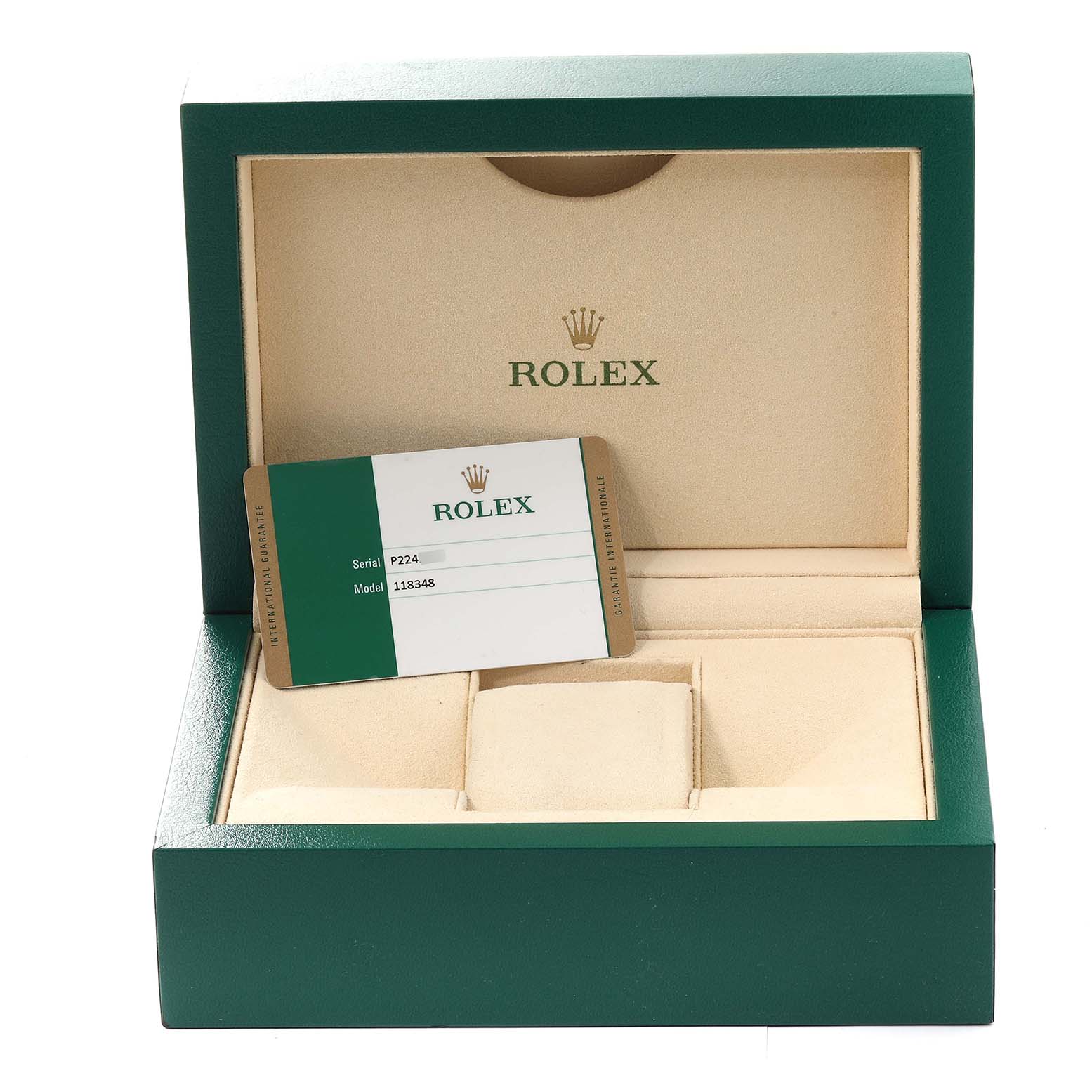 This image shows the open box and authenticity card for a Rolex President 118348 Men's Yellow Gold Mother of Pearl Dial 118348 Men's Yellow Gold Mother of Pearl Dial model watch.