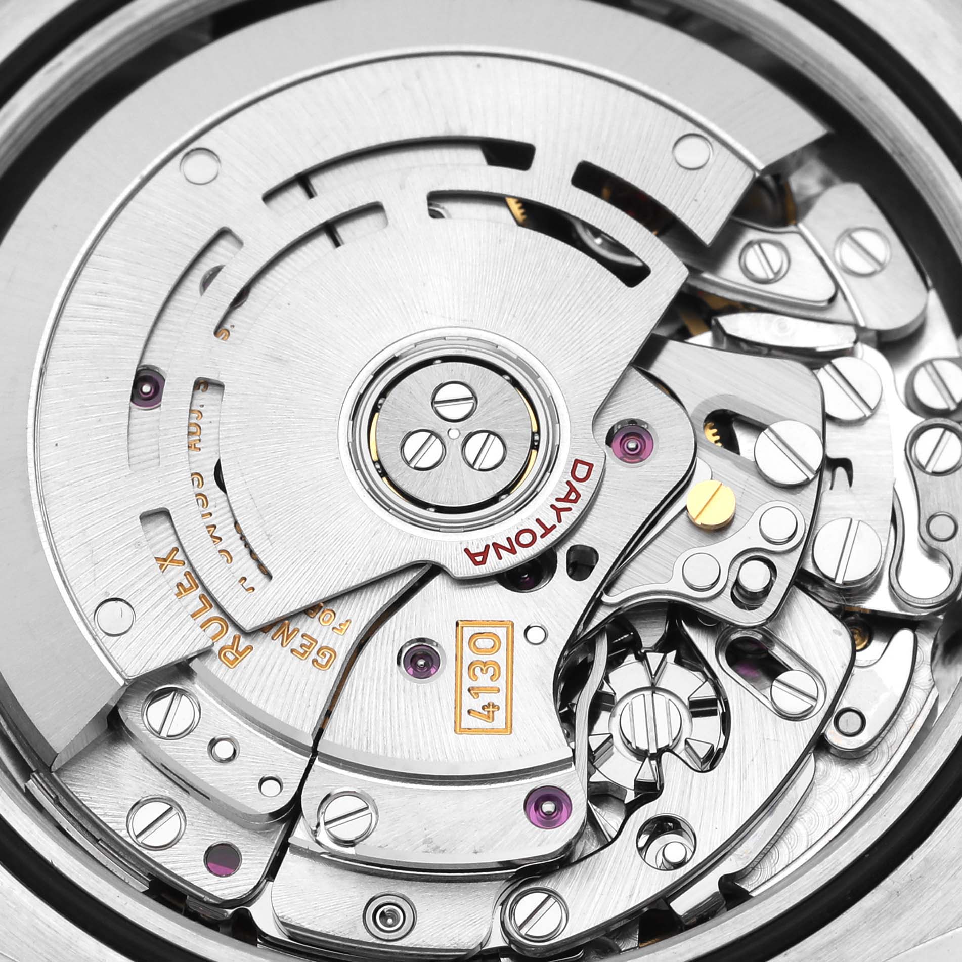 This close-up image shows the intricate inner mechanics of the Rolex Daytona 116506 Men's Platinum Blue Dial 116506 Men's Platinum Blue Dial watch.