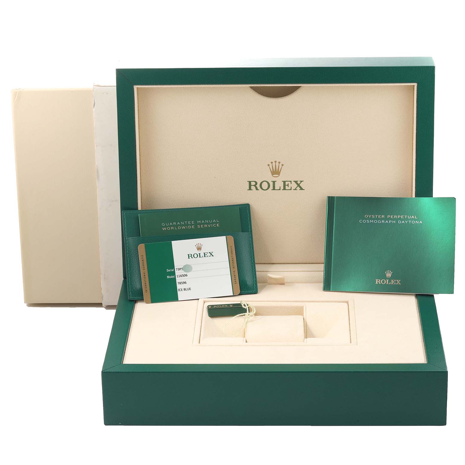 The image shows a Rolex Daytona 116506 Men's Platinum Blue Dial 116506 Men's Platinum Blue Dial watch box, along with warranty cards and manuals, viewed from the front.