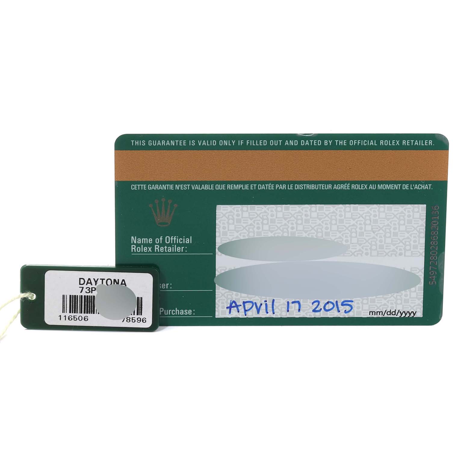 The image shows a Rolex warranty card and a tag for the Daytona model, including date of purchase.