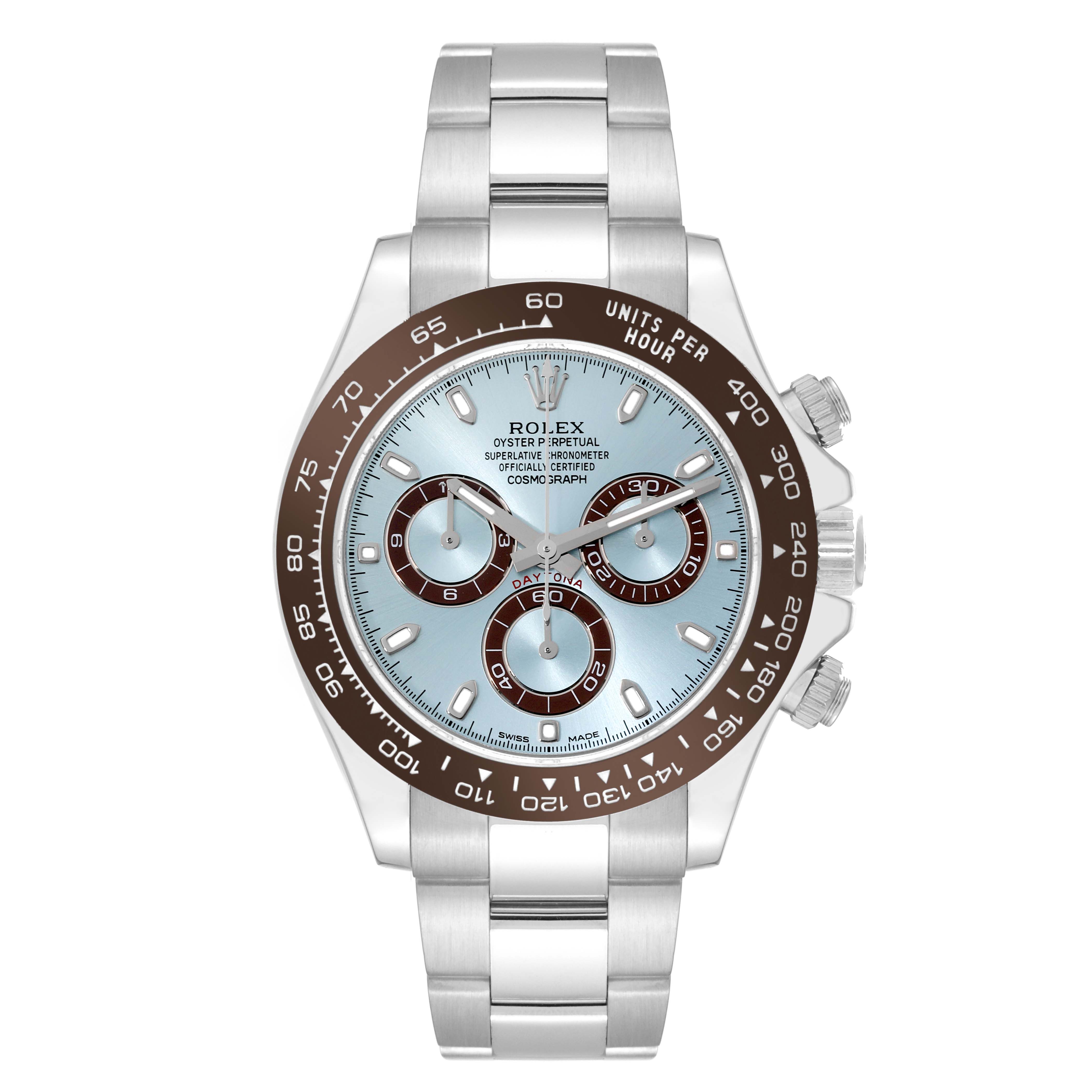This image shows a front view of the Rolex Daytona 116506 Men's Platinum Blue Dial 116506 Men's Platinum Blue Dial model, displaying the face, bracelet, bezel, and chronograph pushers.