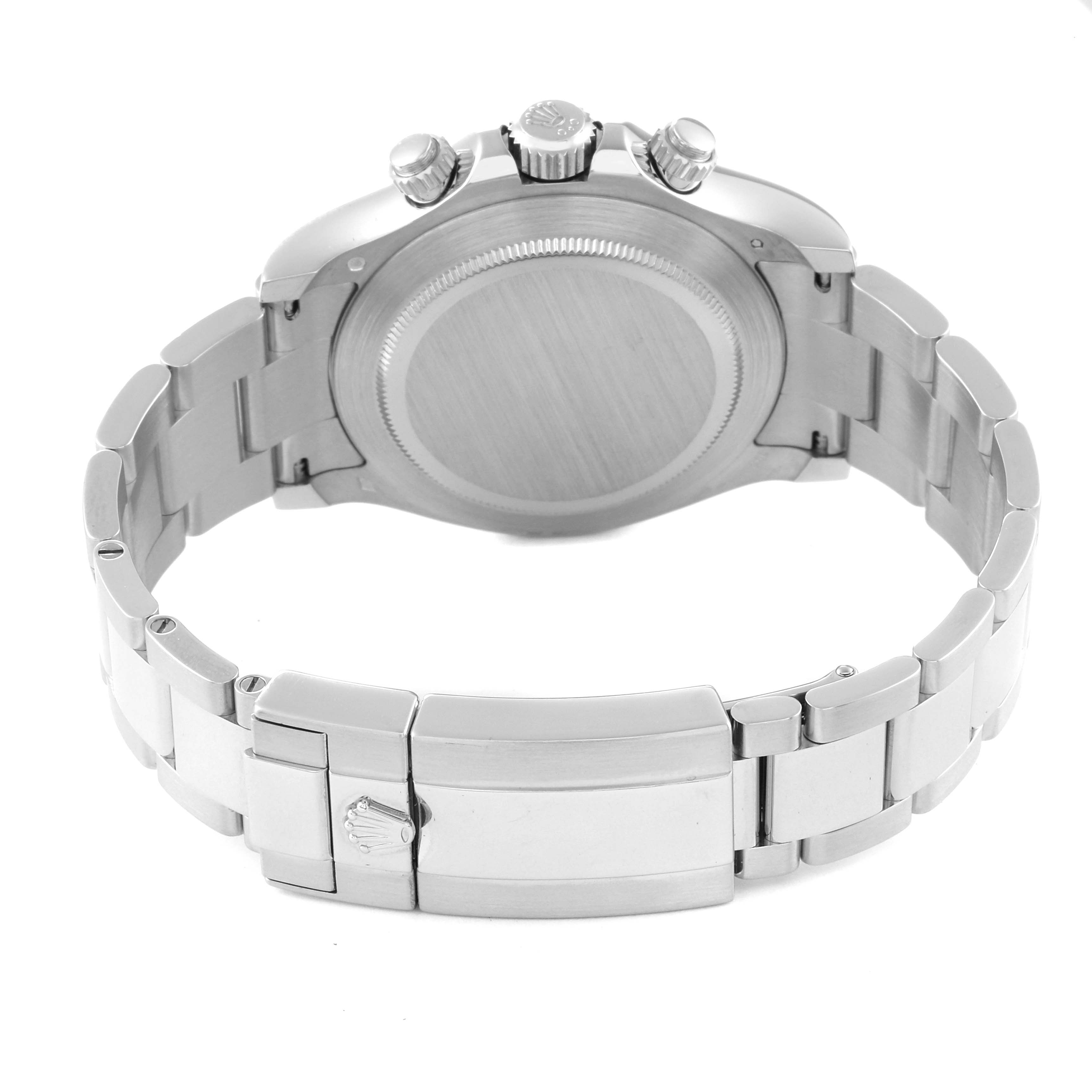 The image shows the back case and bracelet clasp of a Rolex Daytona 116506 Men's Platinum Blue Dial 116506 Men's Platinum Blue Dial watch.