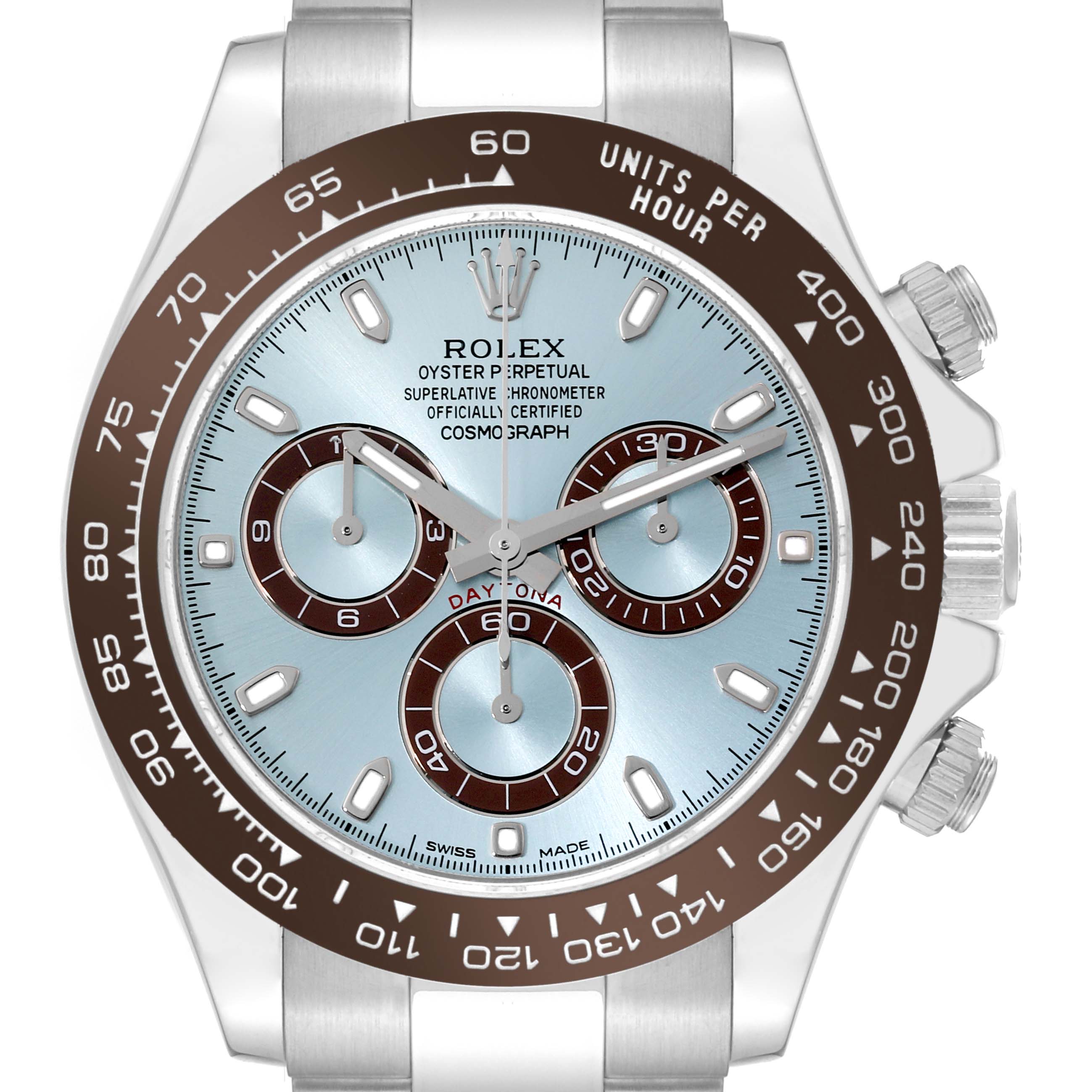 This image shows a front view of a Rolex Daytona 116506 Men's Platinum Blue Dial 116506 Men's Platinum Blue Dial watch, highlighting its dial, bezel, and chronograph features.