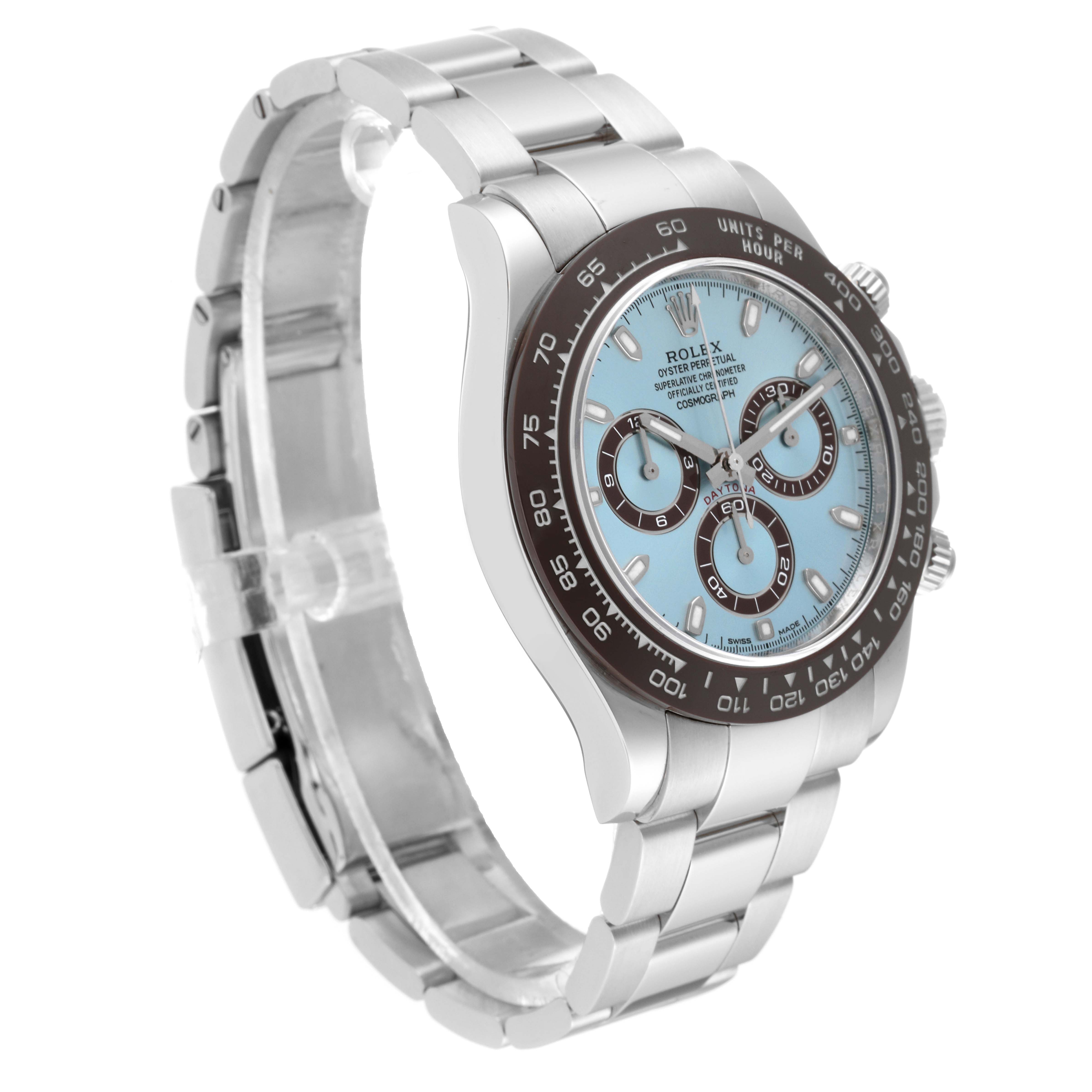 This image shows a side angle of a Rolex Daytona 116506 Men's Platinum Blue Dial 116506 Men's Platinum Blue Dial watch, highlighting the dial, bezel, and metal bracelet.