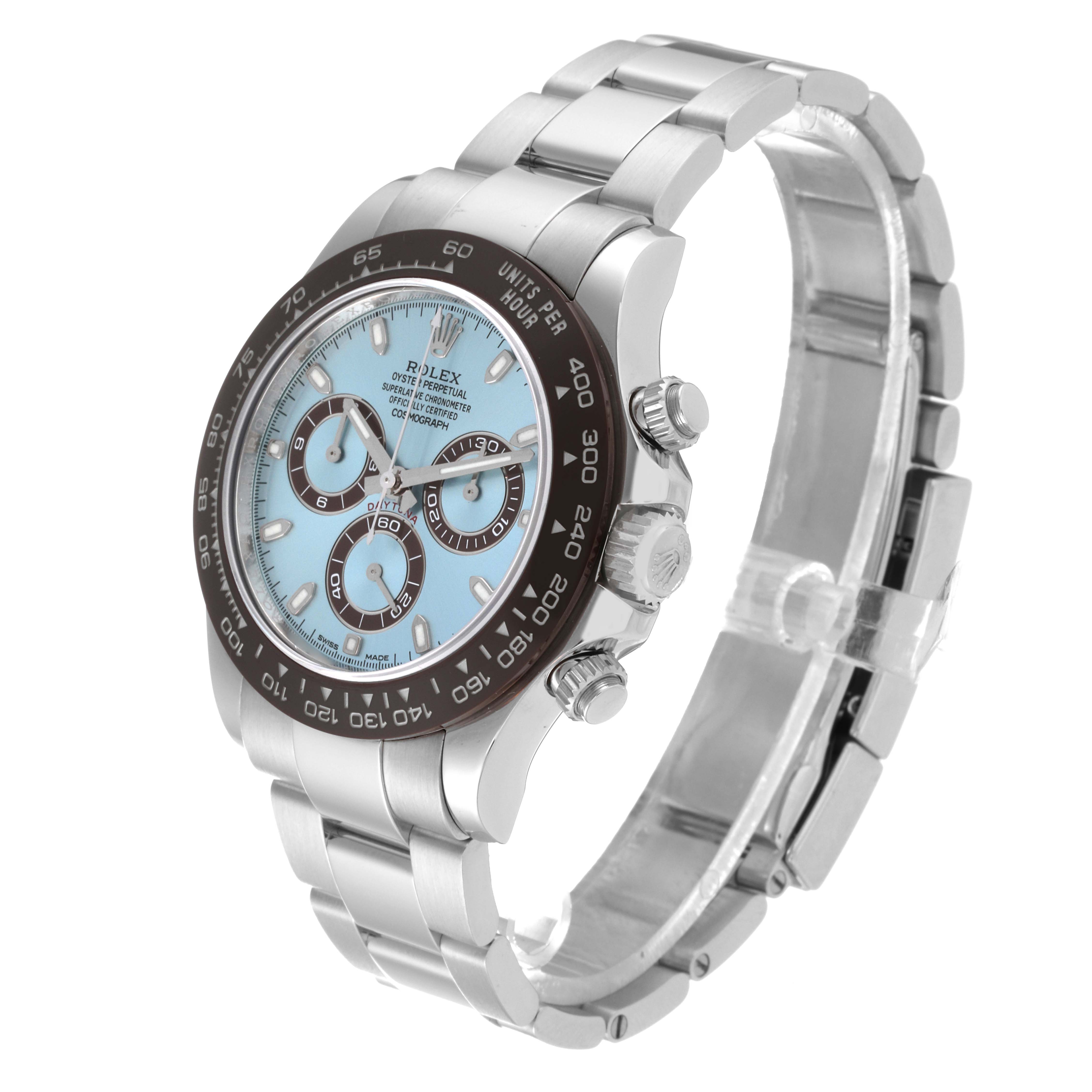 The Rolex Daytona 116506 Men's Platinum Blue Dial 116506 Men's Platinum Blue Dial watch is shown at a three-quarter angle, highlighting the dial, case, pushers, and metal bracelet.