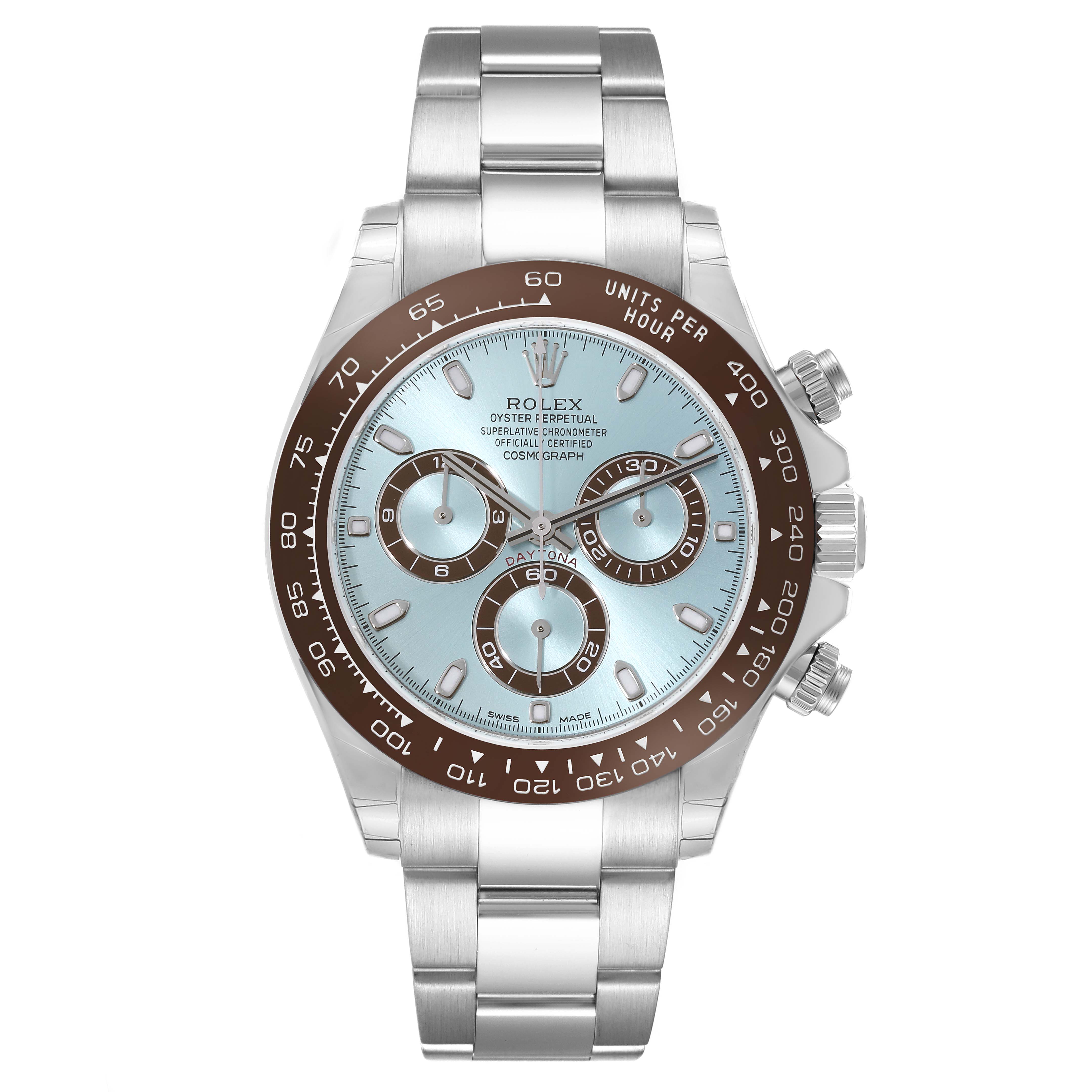The image shows a front view of the Rolex Daytona 116506 Men's Platinum Blue Dial 116506 Men's Platinum Blue Dial watch, displaying its dial, bezel, crown, and bracelet.