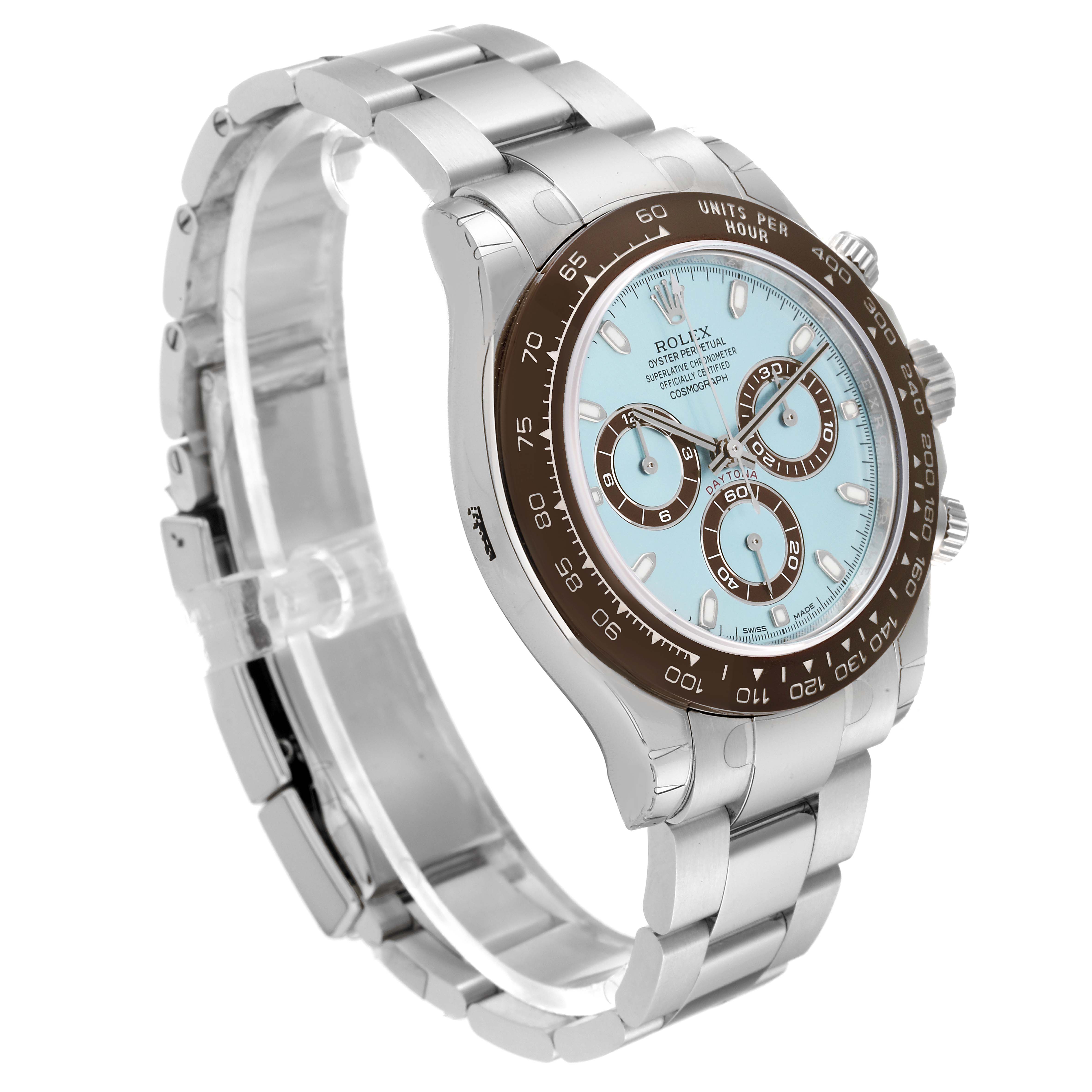 This is a side and front view of a Rolex Daytona 116506 Men's Platinum Blue Dial 116506 Men's Platinum Blue Dial watch, showing the bracelet, clasp, and face with chronograph subdials.