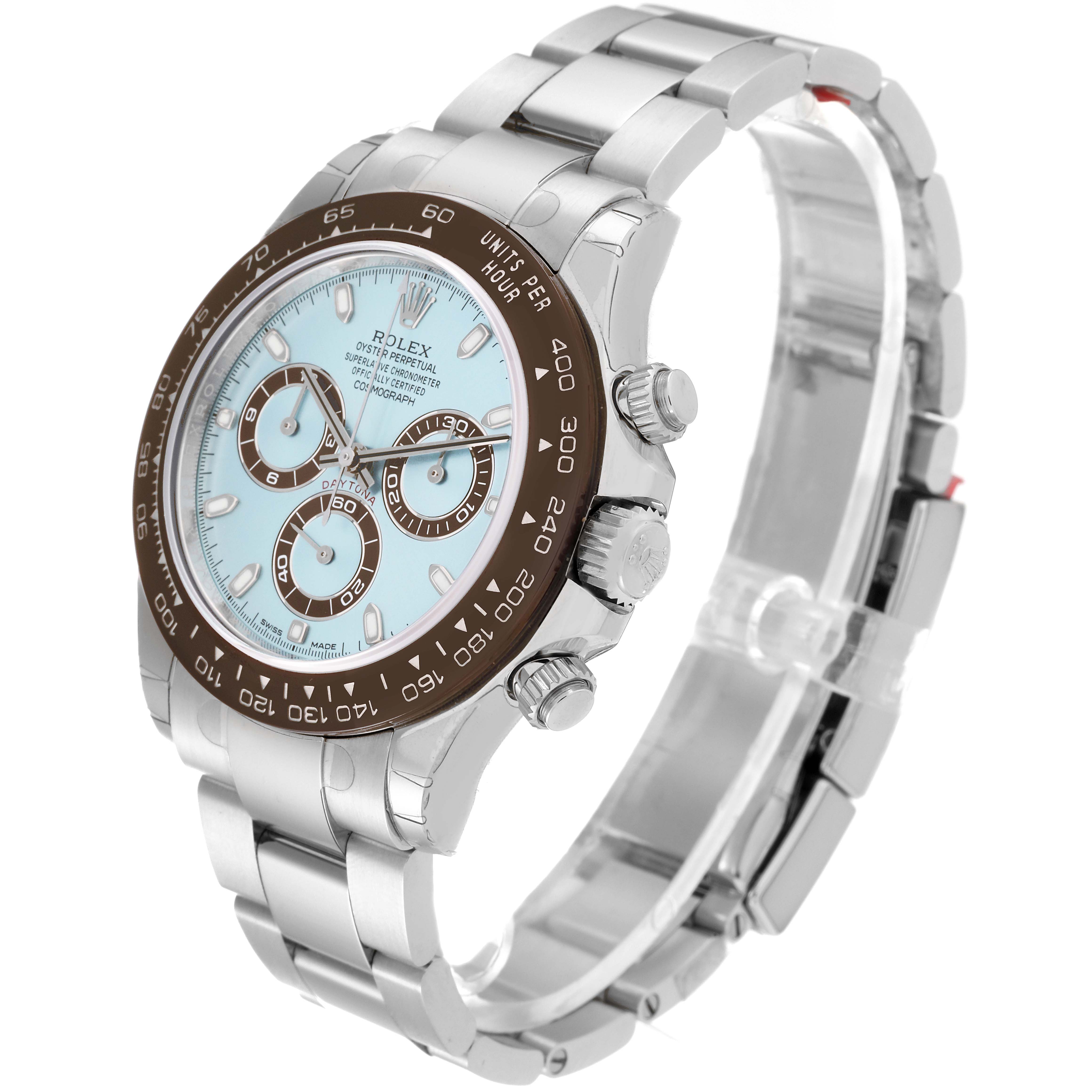 The image shows a Rolex Daytona 116506 Men's Platinum Blue Dial 116506 Men's Platinum Blue Dial watch at an angle, highlighting the case, bezel, dial, pushers, and bracelet.