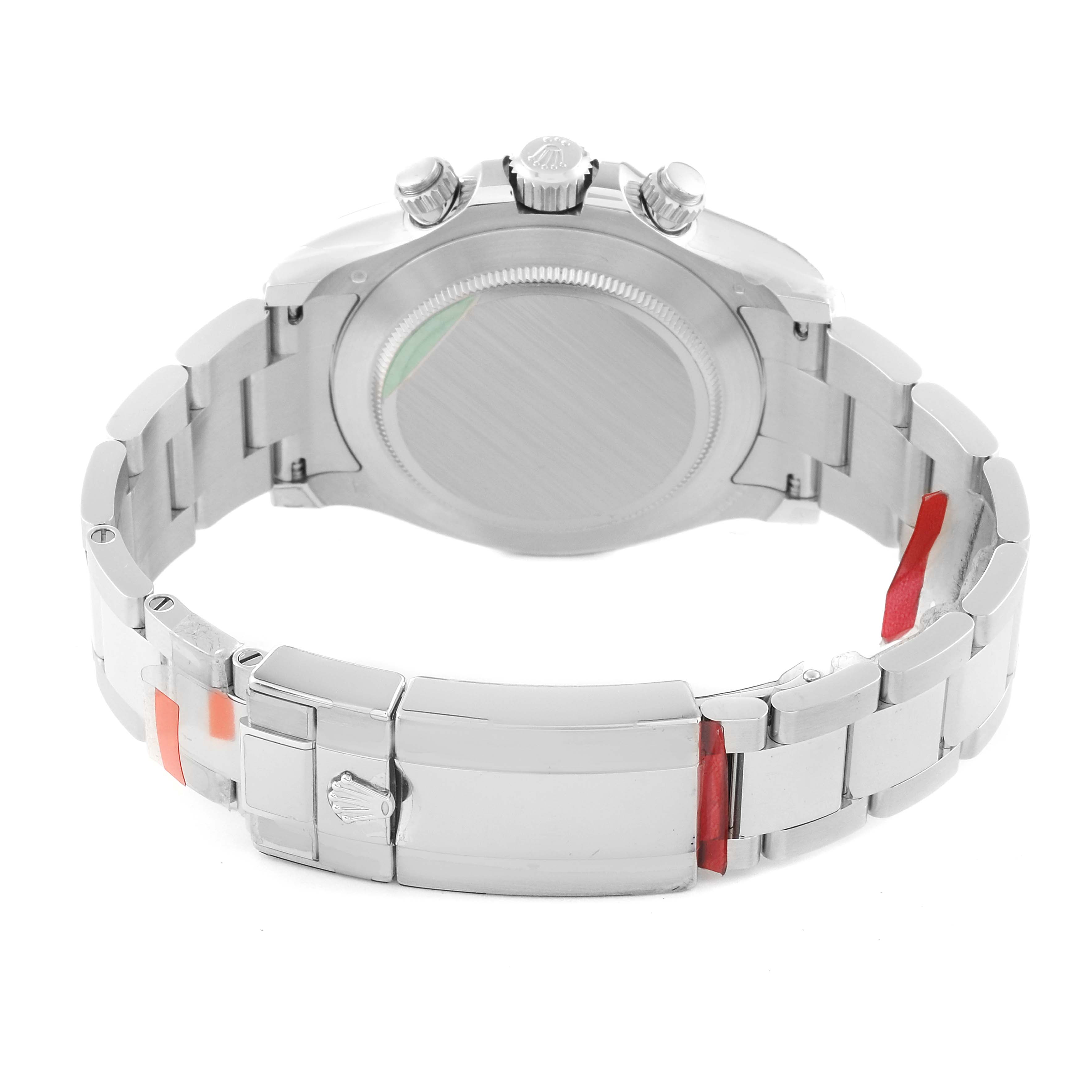 The image shows the back and bracelet of a Rolex Daytona 116506 Men's Platinum Blue Dial 116506 Men's Platinum Blue Dial watch, including the clasp and pushers.