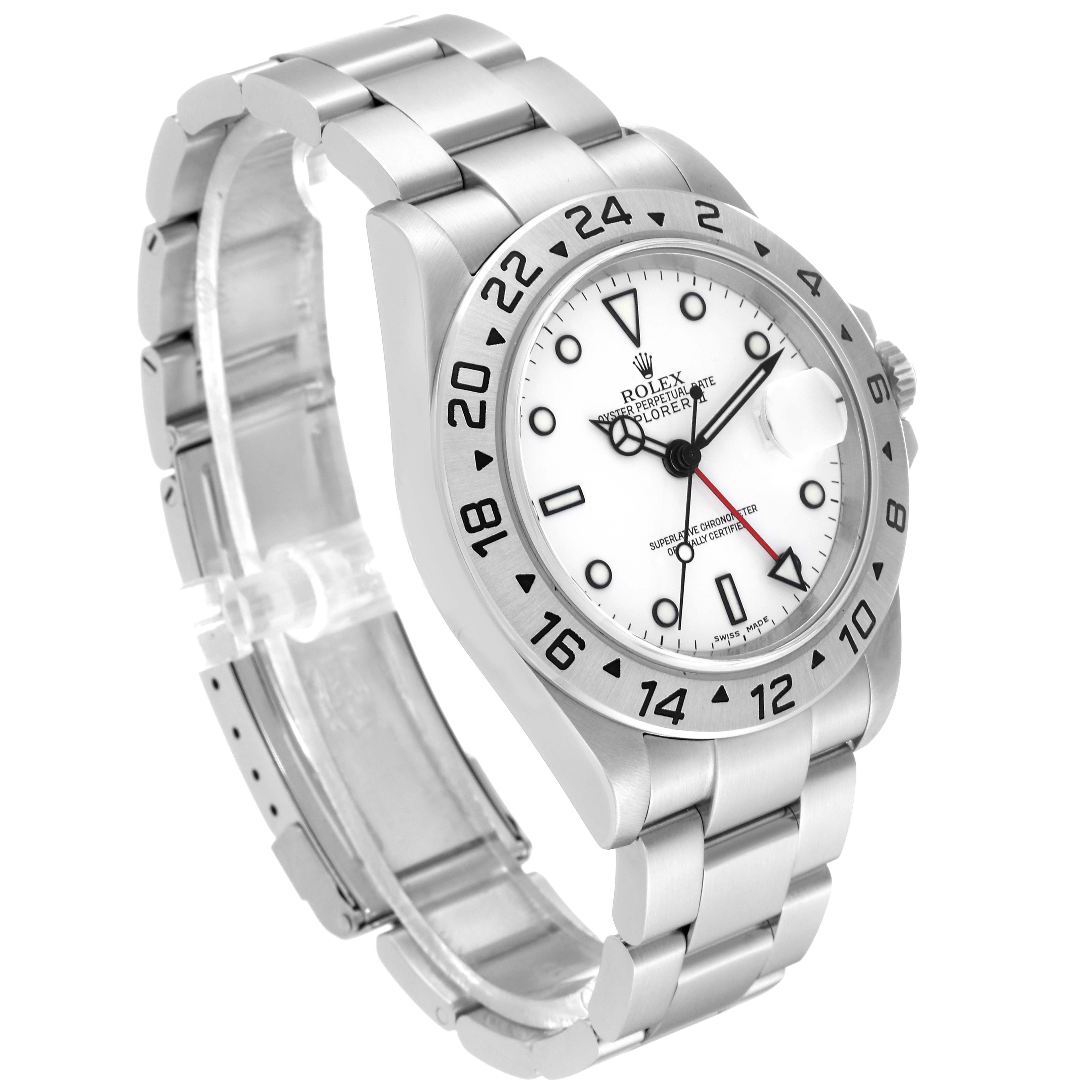 This image shows a Rolex Explorer 16570 Men's Stainless Steel White Dial 16570 Men's Stainless Steel White Dial model watch at a slight angle, highlighting the face, bezel, and bracelet.