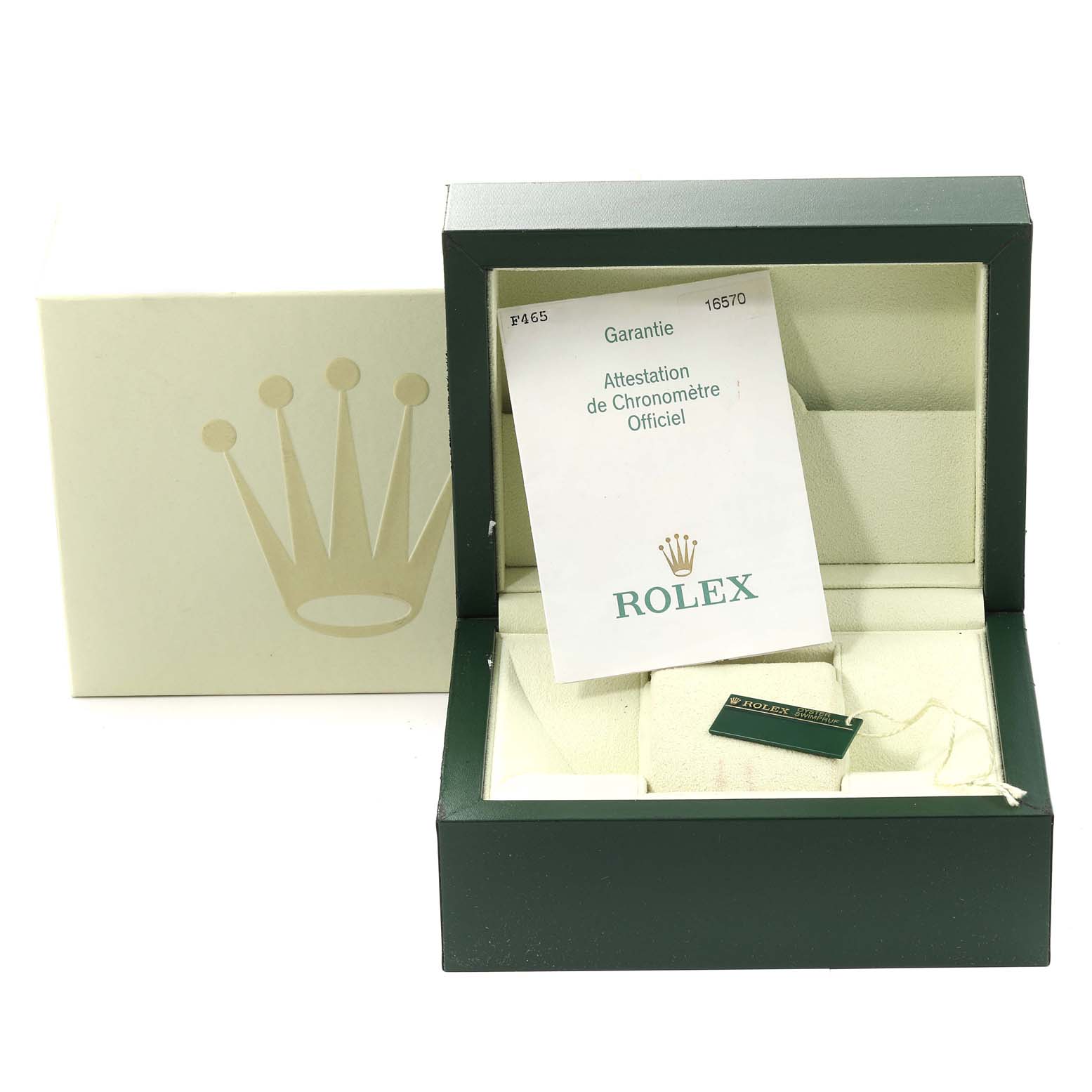 The image shows an open Rolex Explorer 16570 Men's Stainless Steel White Dial 16570 Men's Stainless Steel White Dial watch box, warranty card, and a Rolex tag, viewed from a front angle.