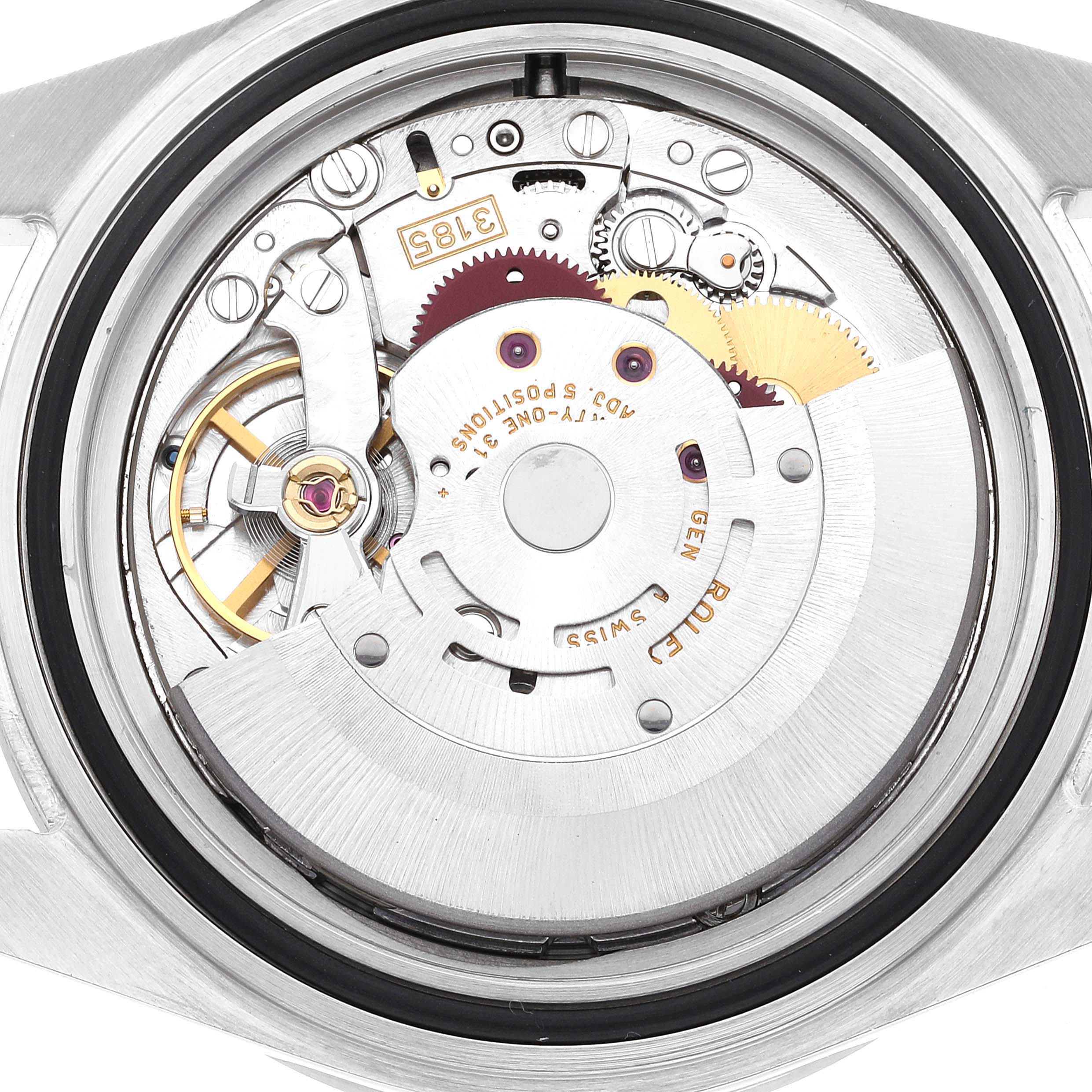 This image shows a close-up view of the intricate internal mechanism of a Rolex Explorer 16570 Men's Stainless Steel White Dial 16570 Men's Stainless Steel White Dial watch.