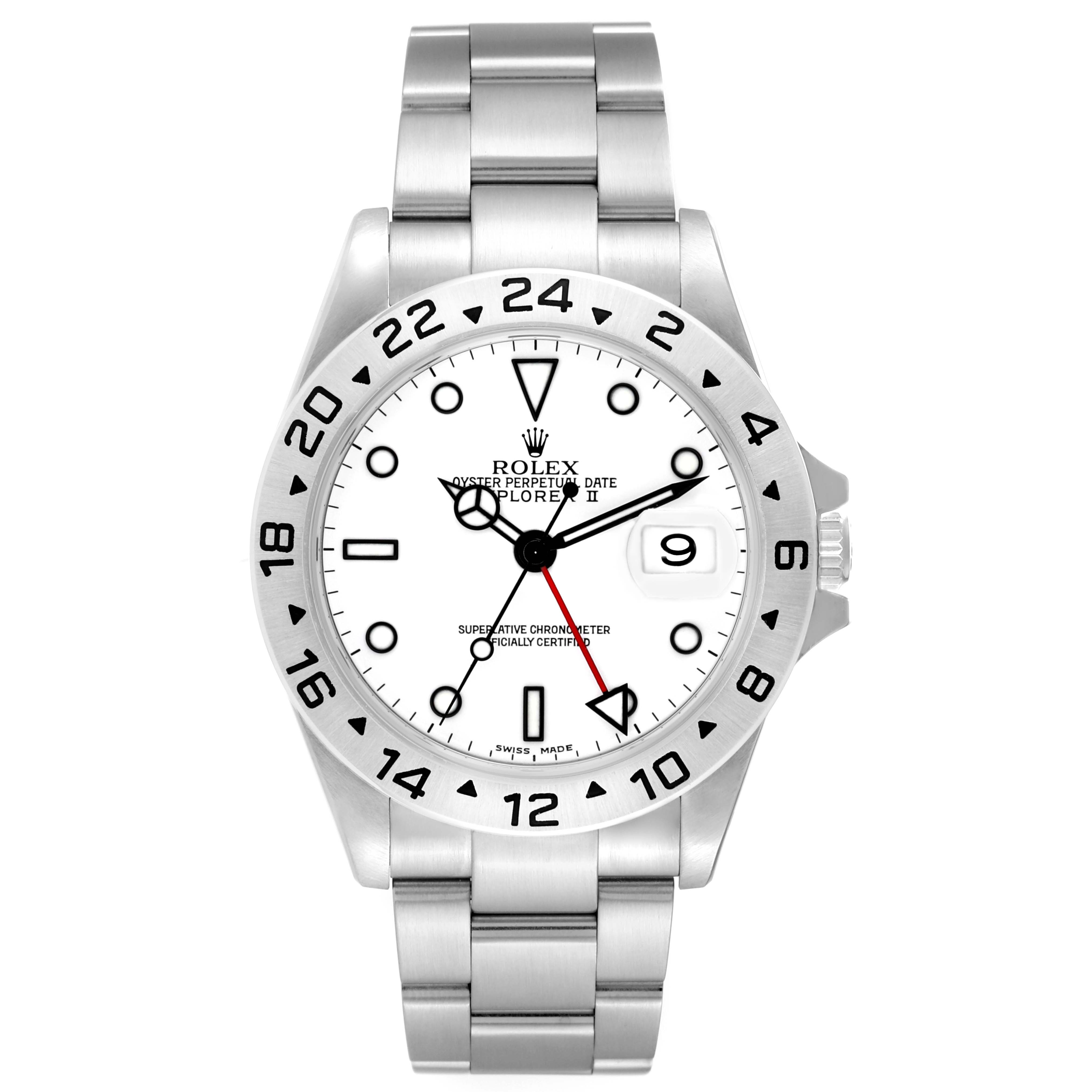 This image shows a front view of a Rolex Explorer 16570 Men's Stainless Steel White Dial 16570 Men's Stainless Steel White Dial watch featuring a white dial and stainless steel bracelet.