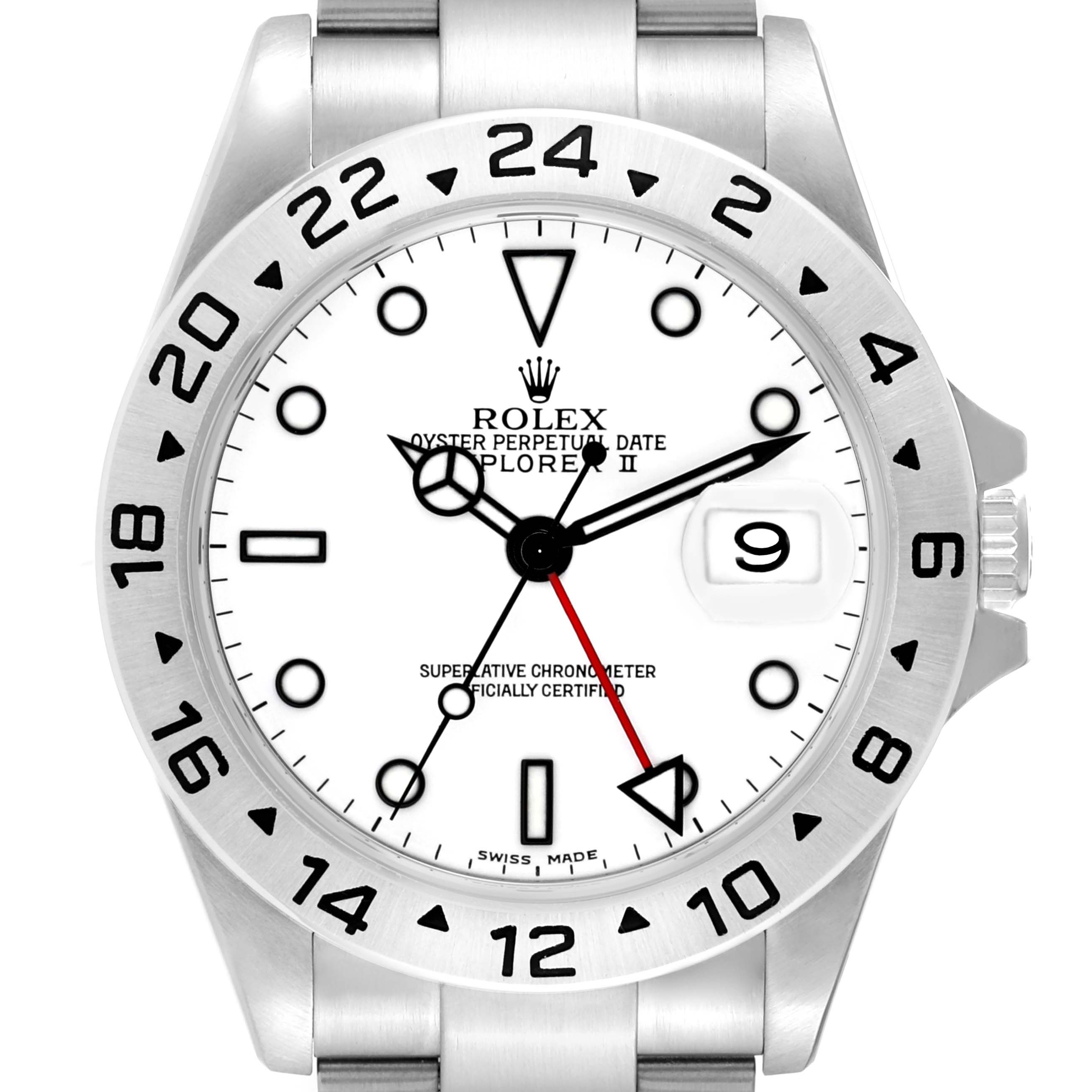 The image shows a front view of a Rolex Explorer 16570 Men's Stainless Steel White Dial 16570 Men's Stainless Steel White Dial watch, featuring its dial, hands, bezel, and part of the strap.