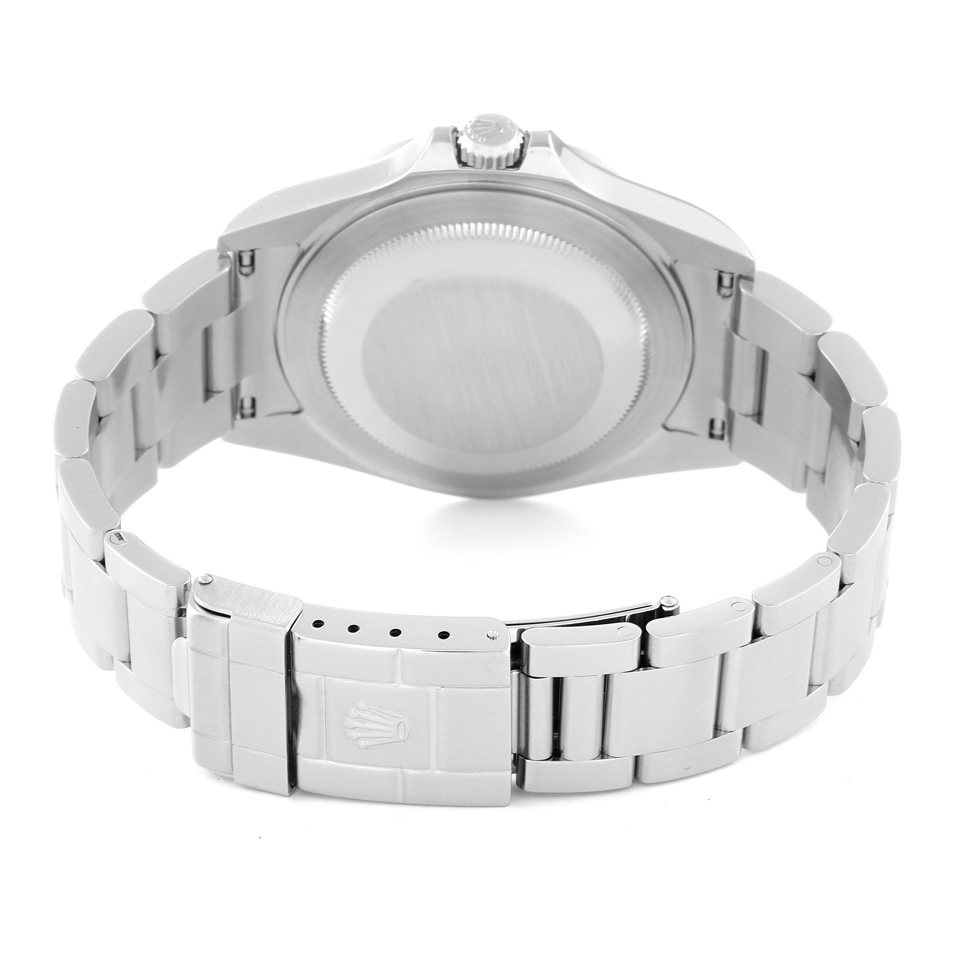 The image shows the back view of a Rolex Explorer 16570 Men's Stainless Steel White Dial 16570 Men's Stainless Steel White Dial watch, highlighting the clasp and bracelet.