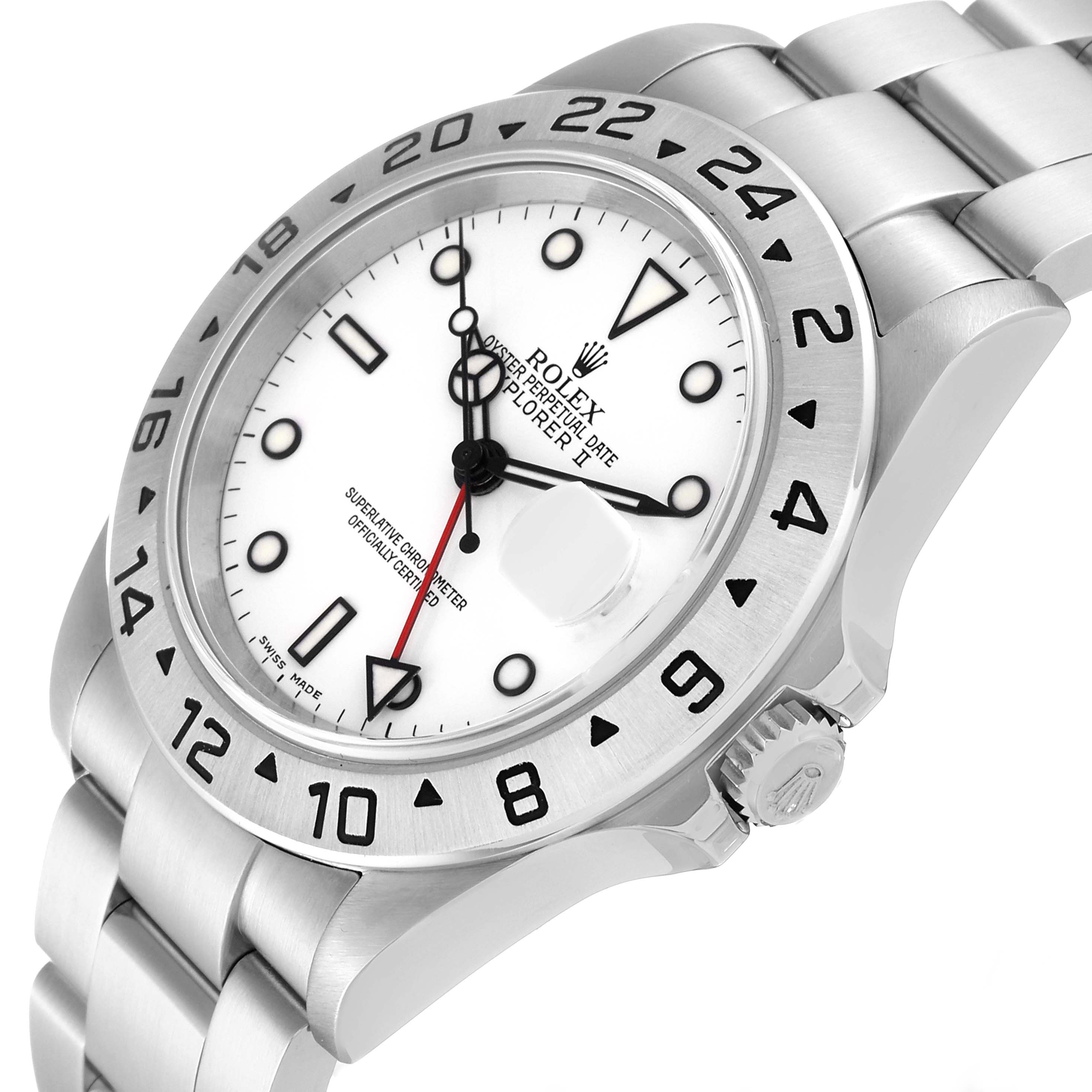 The image shows a Rolex Explorer 16570 Men's Stainless Steel White Dial 16570 Men's Stainless Steel White Dial watch from a slight side angle, highlighting the dial, bezel, crown, and bracelet.