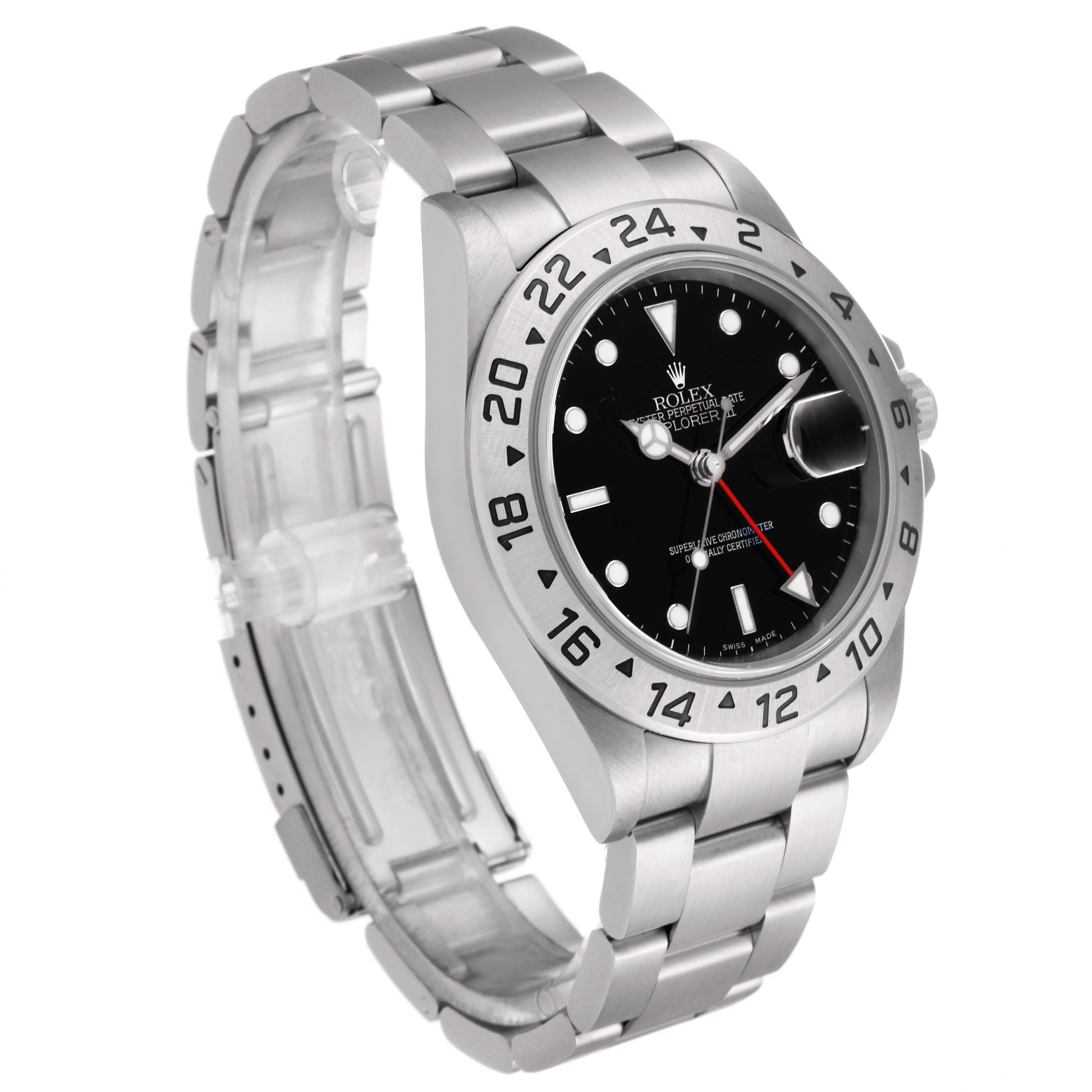The Rolex Explorer 16570 Men's Stainless Steel Black Dial 16570 Men's Stainless Steel Black Dial watch is shown from a three-quarter angle, highlighting the bezel, dial, and bracelet.