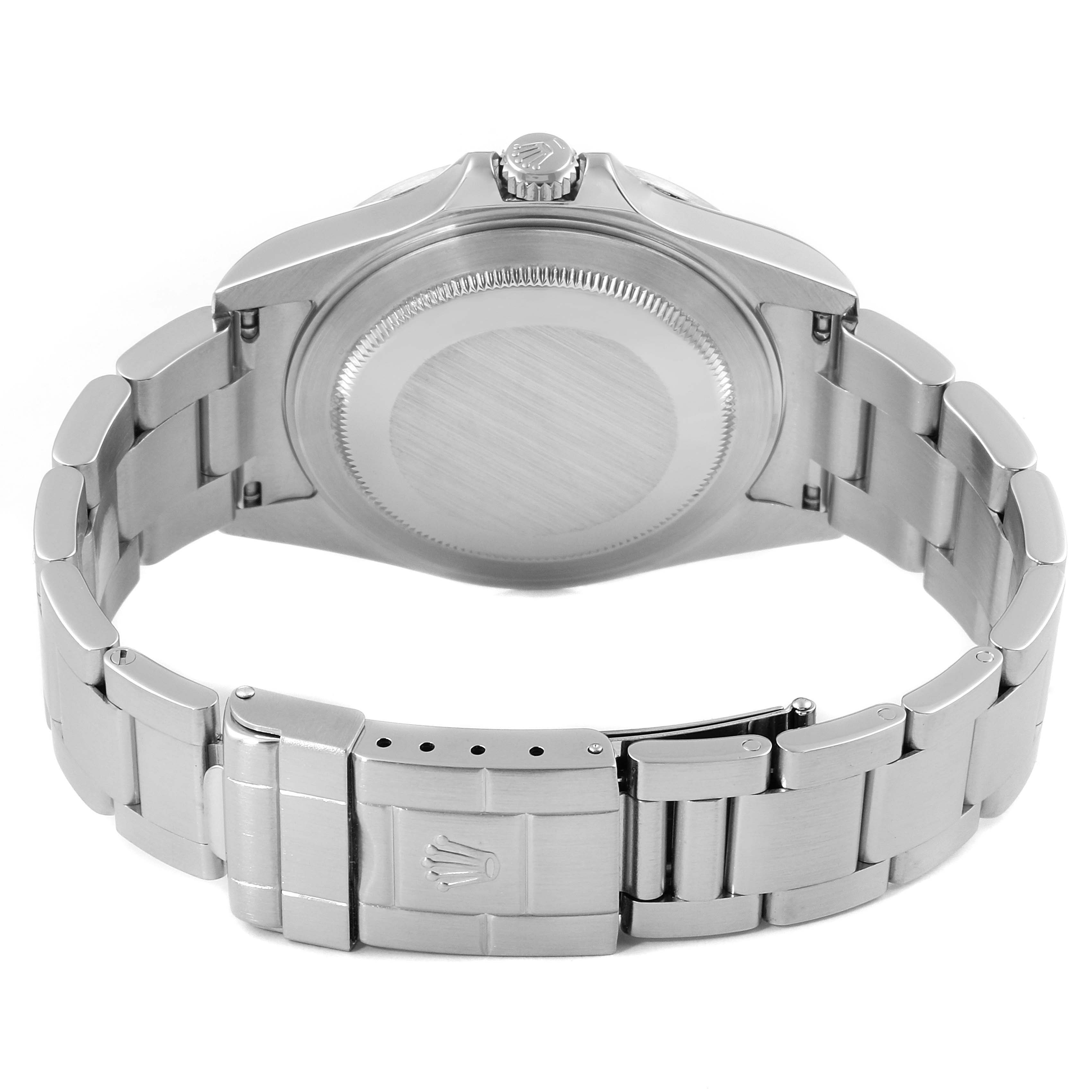 The image shows the back view of a Rolex Explorer 16570 Men's Stainless Steel Black Dial 16570 Men's Stainless Steel Black Dial watch, highlighting the case back and metal bracelet with clasp.