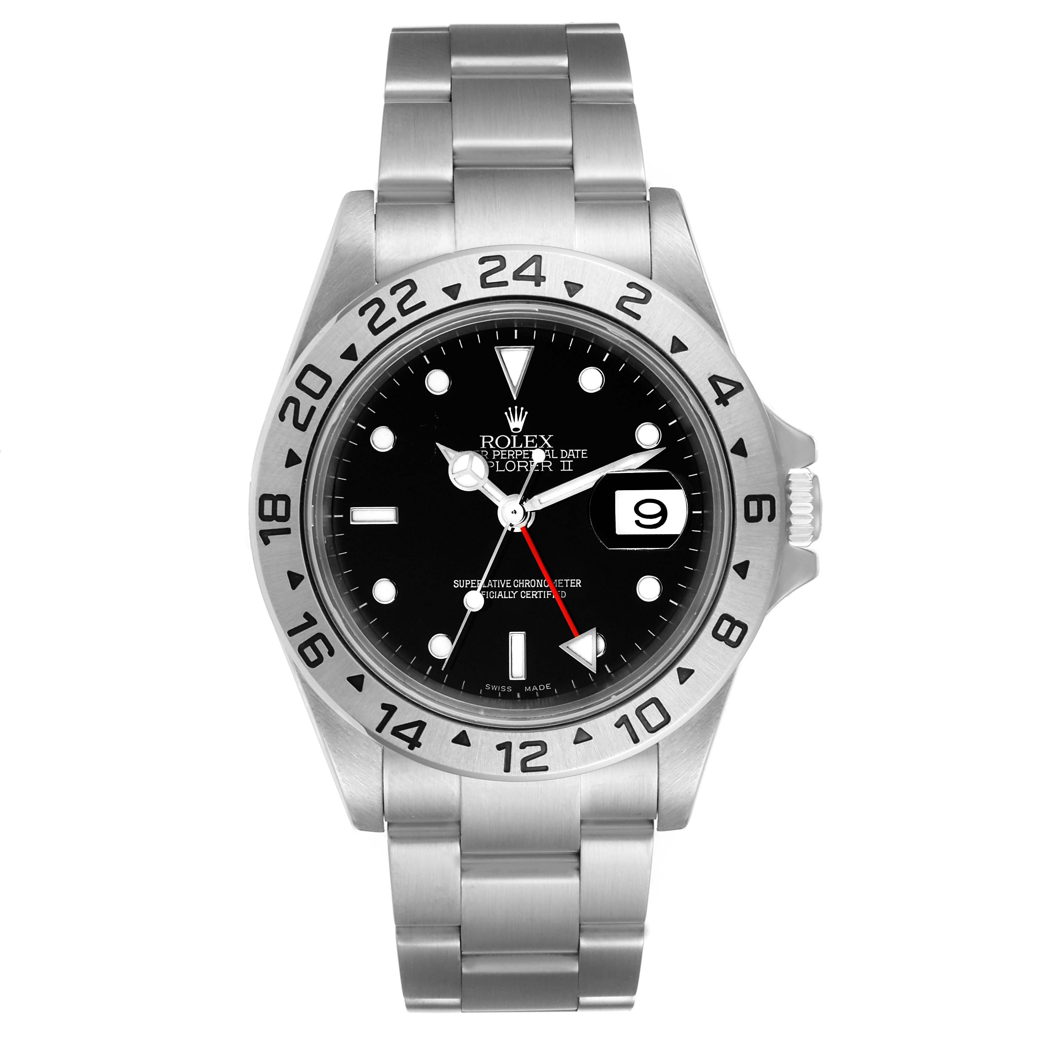 This is a head-on view of a Rolex Explorer 16570 Men's Stainless Steel Black Dial 16570 Men's Stainless Steel Black Dial watch displaying the face, bezel, and bracelet.