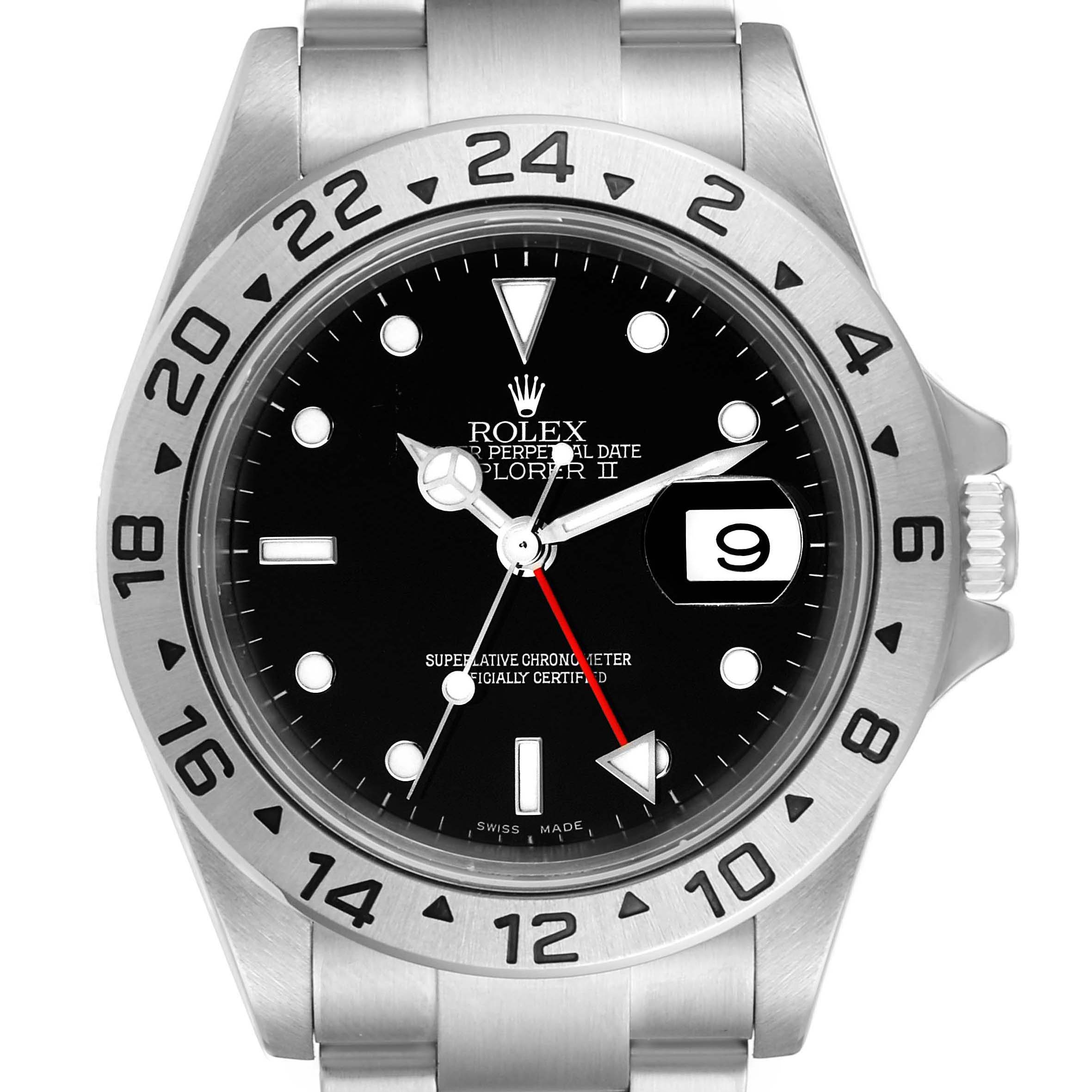 The image shows a front view of the dial and bezel of the Rolex Explorer 16570 Men's Stainless Steel Black Dial 16570 Men's Stainless Steel Black Dial watch, including hour markers and the date window.