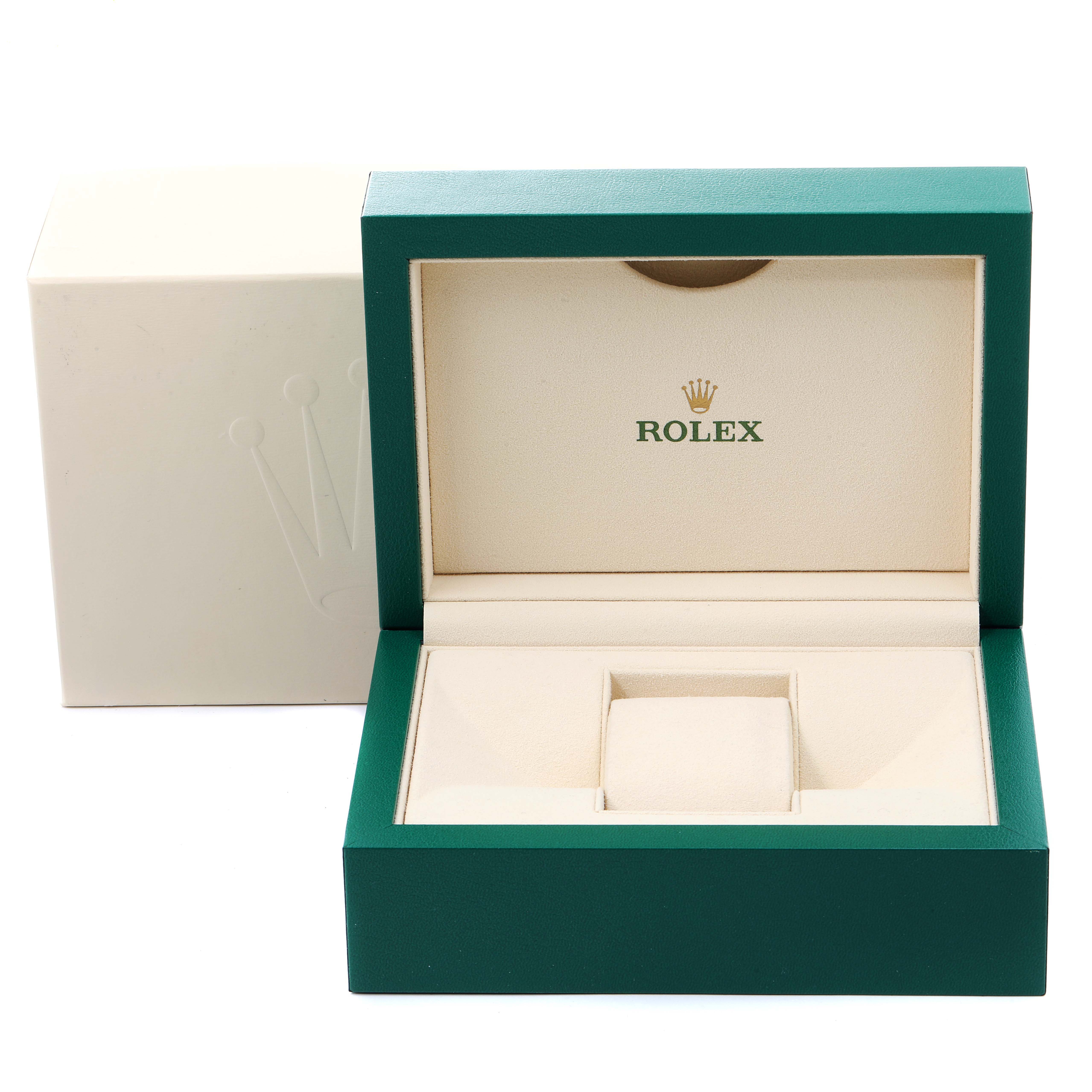 This image shows an open Rolex Explorer 16570 Men's Stainless Steel Black Dial 16570 Men's Stainless Steel Black Dial watch box, highlighting its interior compartments.