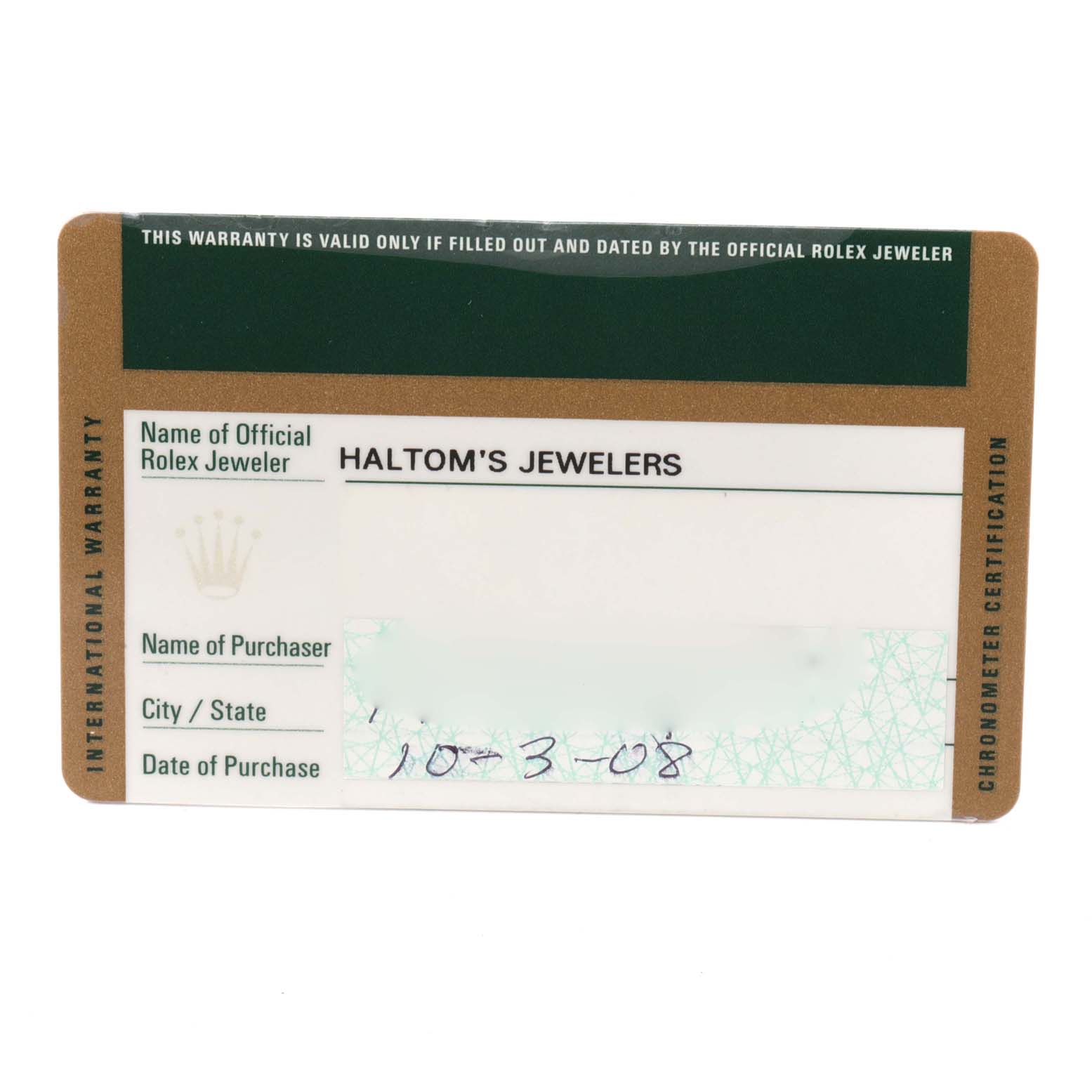 The image shows a warranty card for the Rolex Explorer 16570 Men
s Stainless Steel Black Dial 16570 Men
s Stainless Steel Black Dial model, issued by Haltom
s Jewelers.