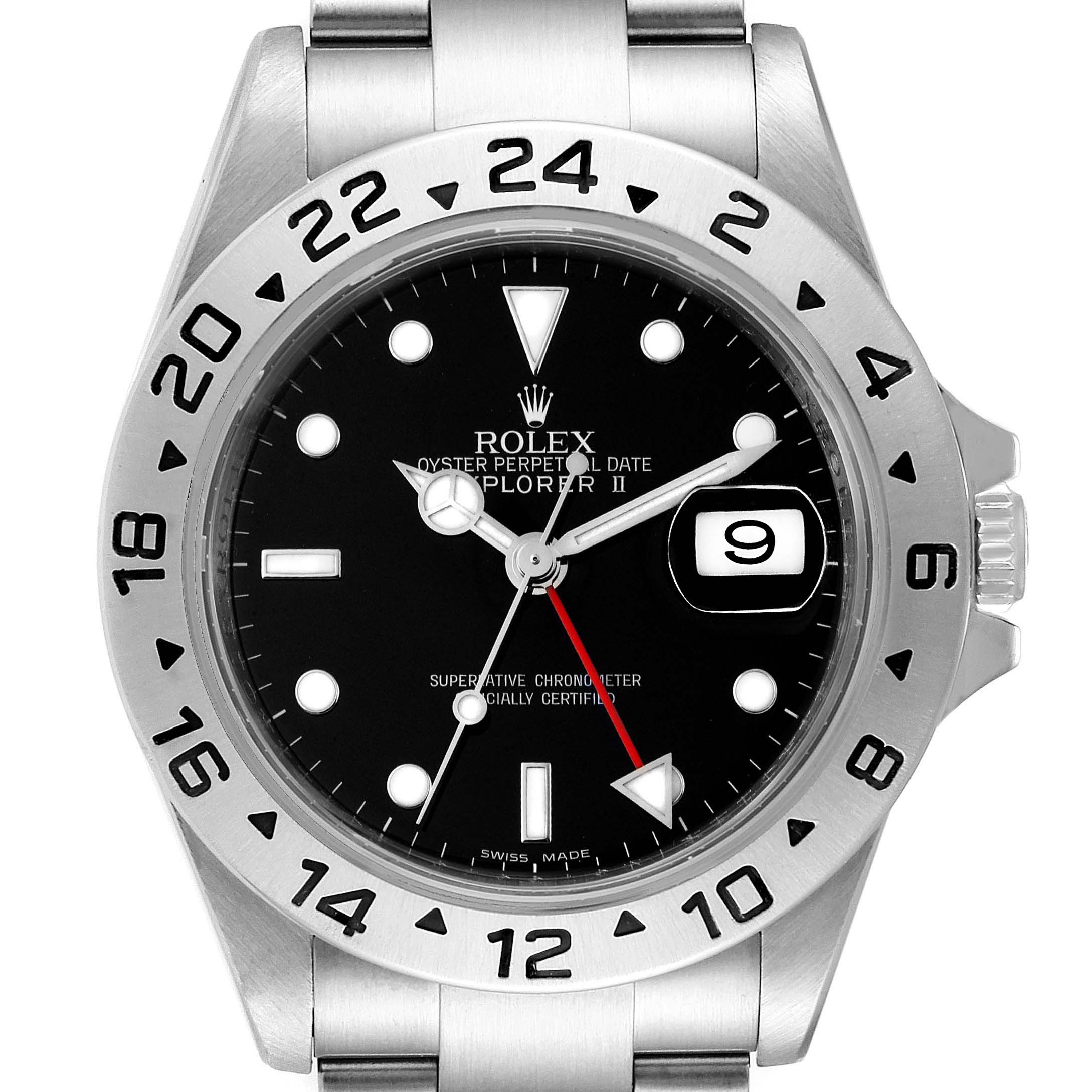 The Rolex Explorer 16570 Men
s Stainless Steel Black Dial 16570 Men
s Stainless Steel Black Dial watch is shown from the front, highlighting the face, bezel, and part of the bracelet.