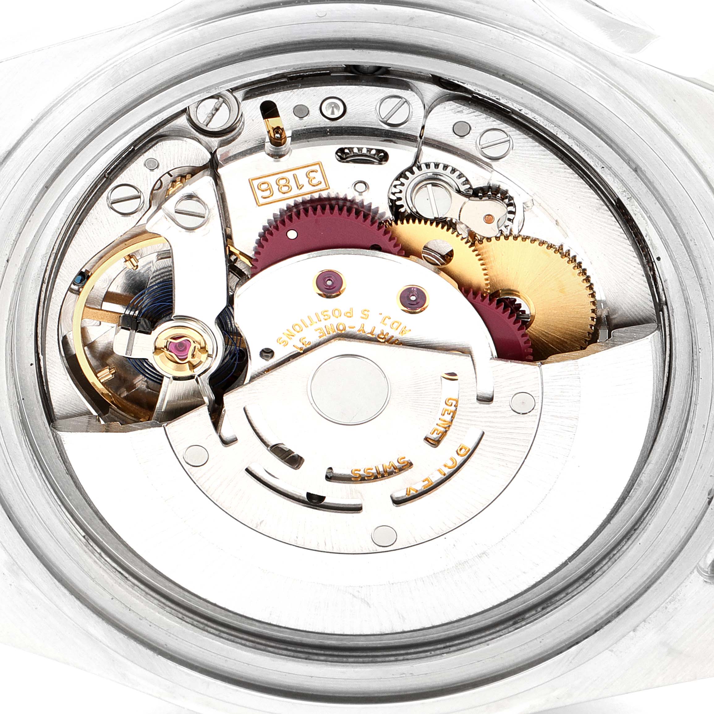 This image shows a close-up of the movement and internal mechanics of a Rolex Explorer 16570 Men
s Stainless Steel Black Dial 16570 Men
s Stainless Steel Black Dial watch.