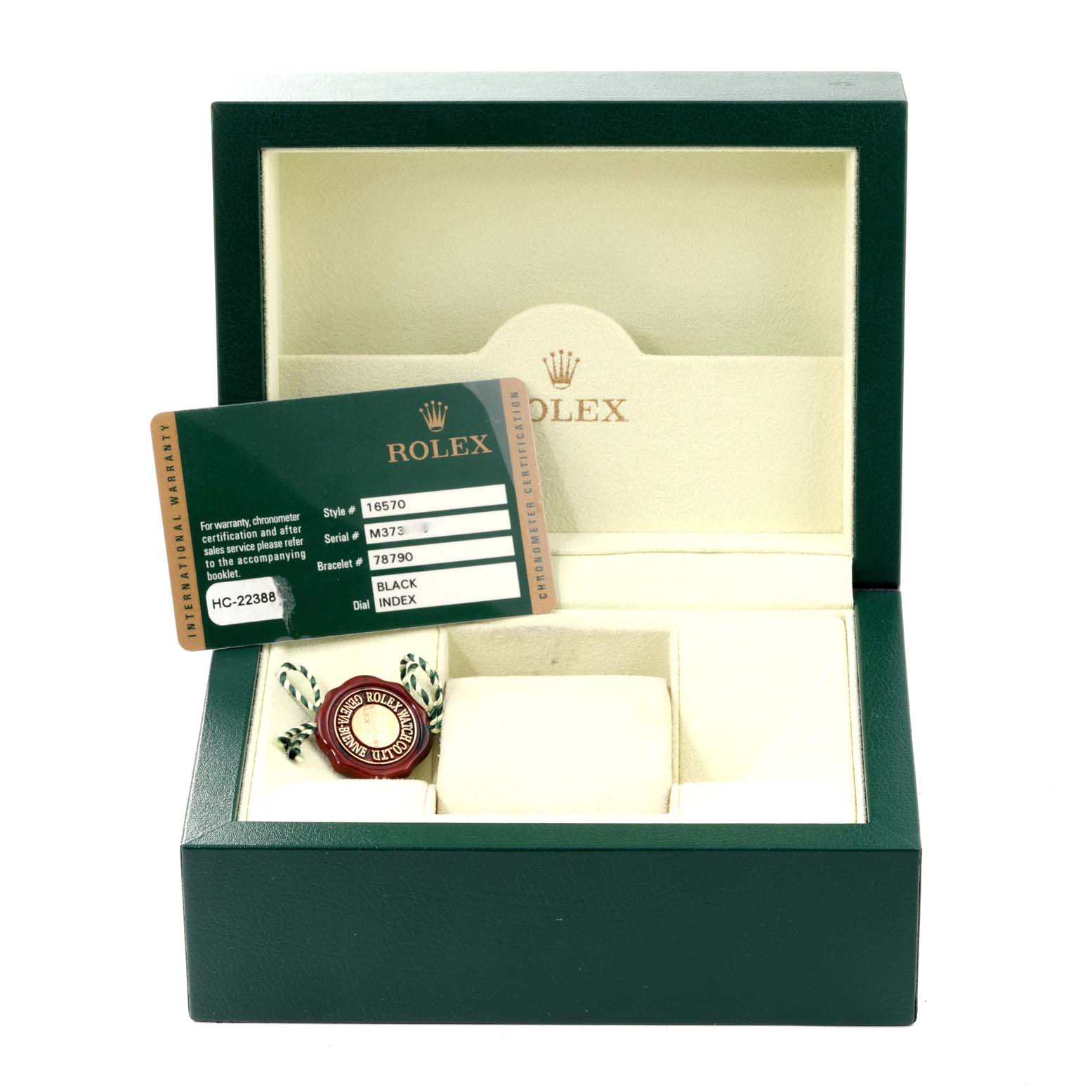 The image shows an open box for a Rolex Explorer 16570 Men
s Stainless Steel Black Dial 16570 Men
s Stainless Steel Black Dial watch and its accessories, including a warranty card and a tag.