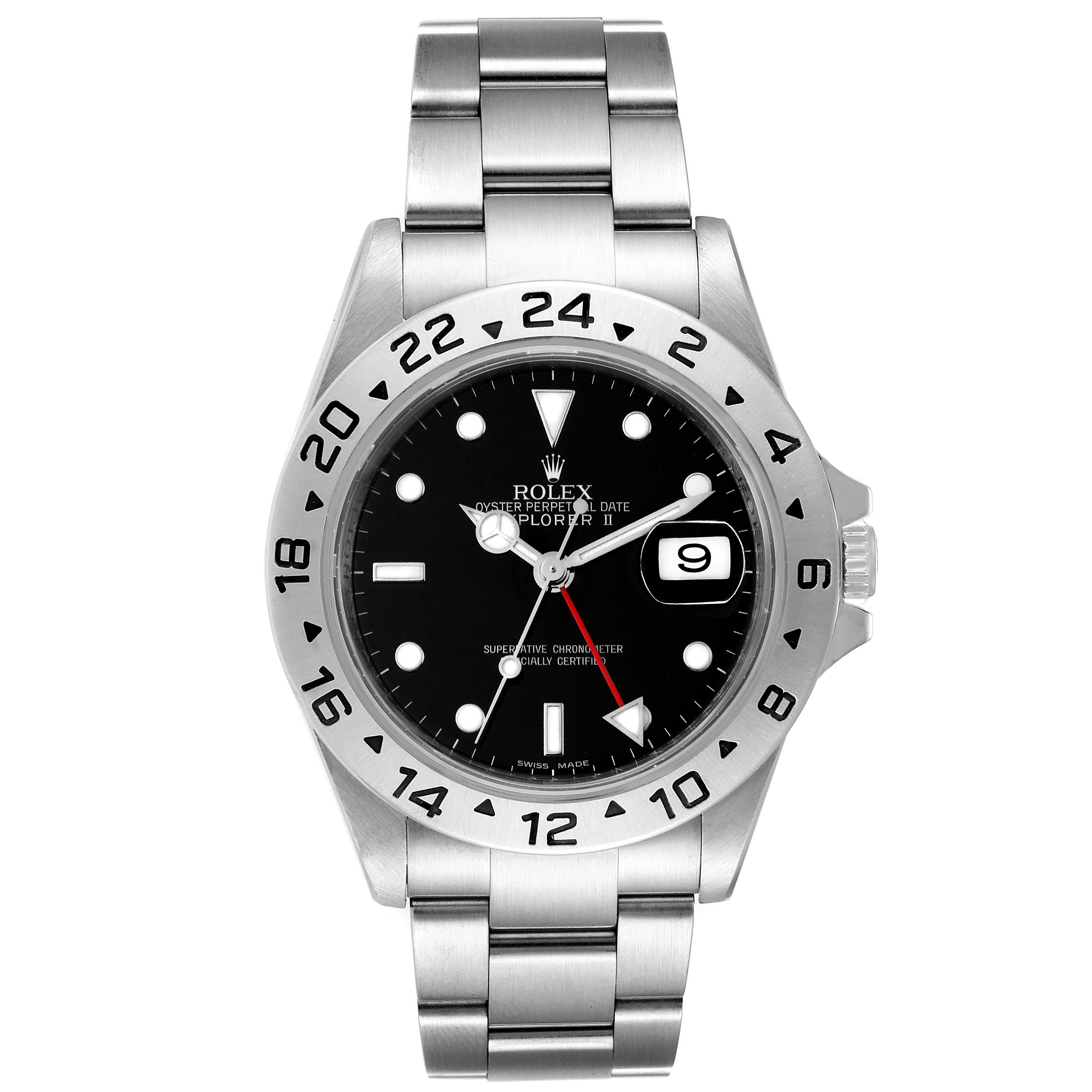 The Rolex Explorer 16570 Men
s Stainless Steel Black Dial 16570 Men
s Stainless Steel Black Dial watch is shown from the front, displaying its dial, bezel, bracelet, and crown.