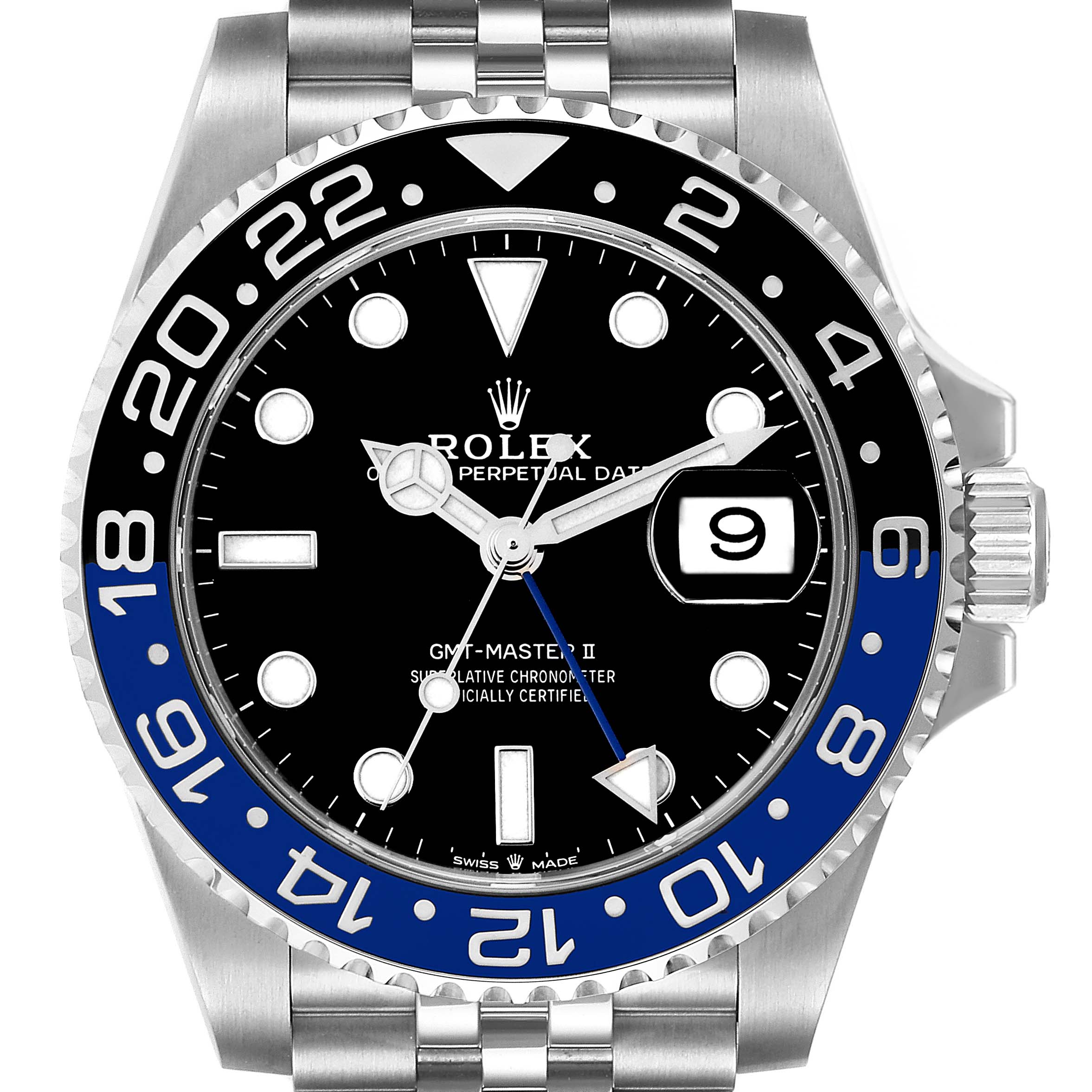 The image shows a front view of a Rolex GMT-Master 126710 Men
s Stainless Steel Black Dial 126710 Men
s Stainless Steel Black Dial II watch with a black and blue bezel.