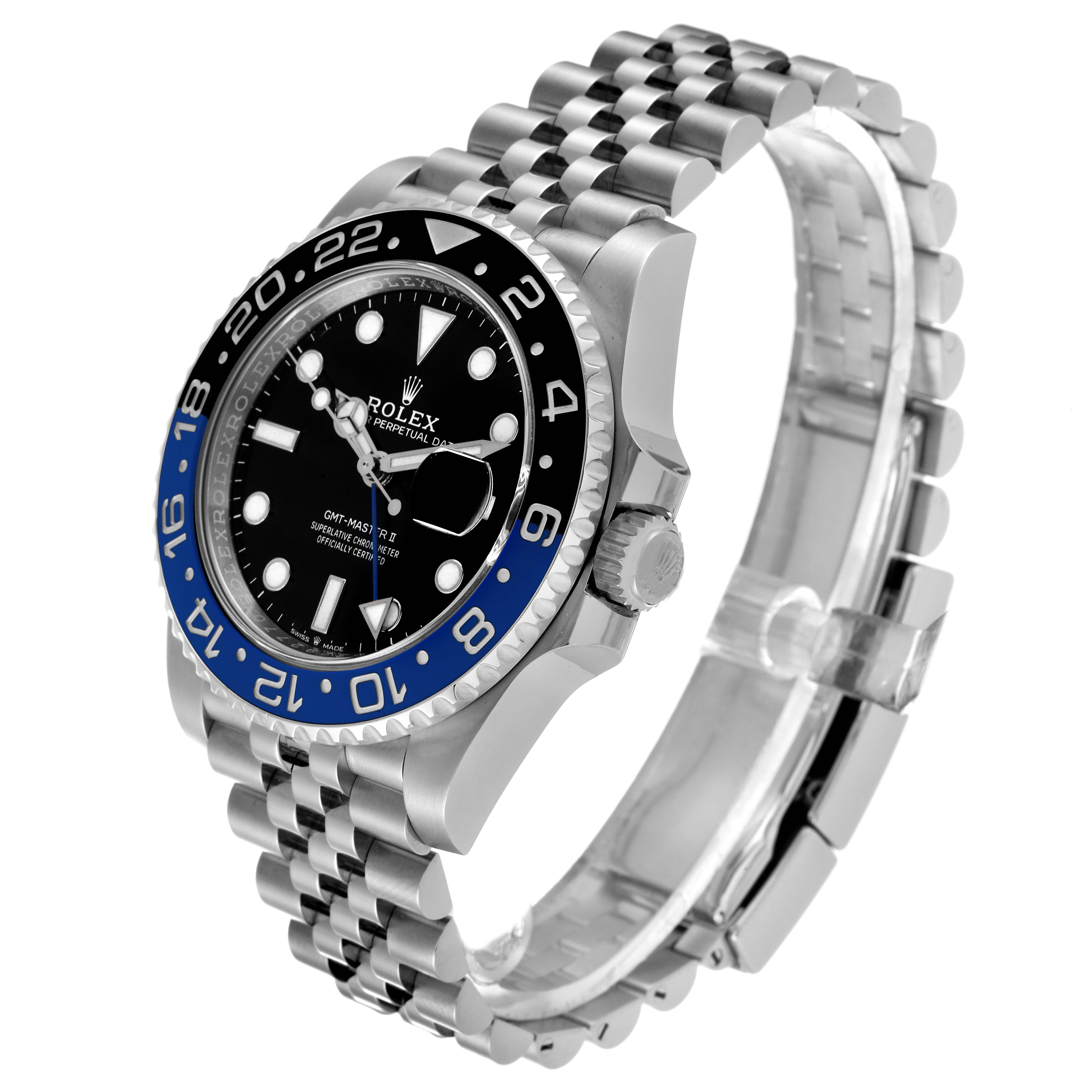 The Rolex GMT-Master 126710 Men
s Stainless Steel Black Dial 126710 Men
s Stainless Steel Black Dial watch is shown at a three-quarter angle, displaying the case, dial, bezel, and part of the bracelet.