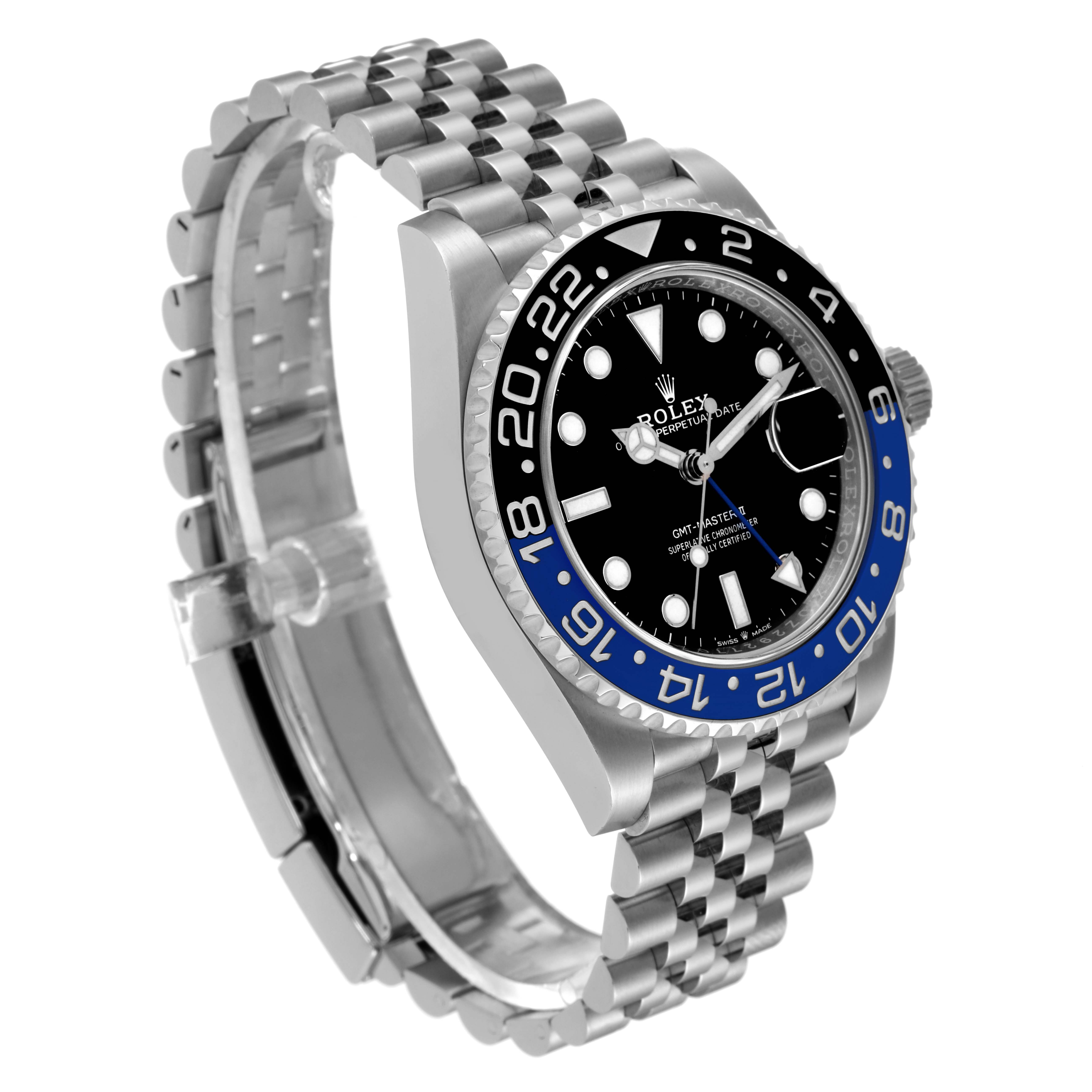 This image shows a Rolex GMT-Master 126710 Men
s Stainless Steel Black Dial 126710 Men
s Stainless Steel Black Dial watch at an angle highlighting the dial, bezel, and jubilee bracelet.