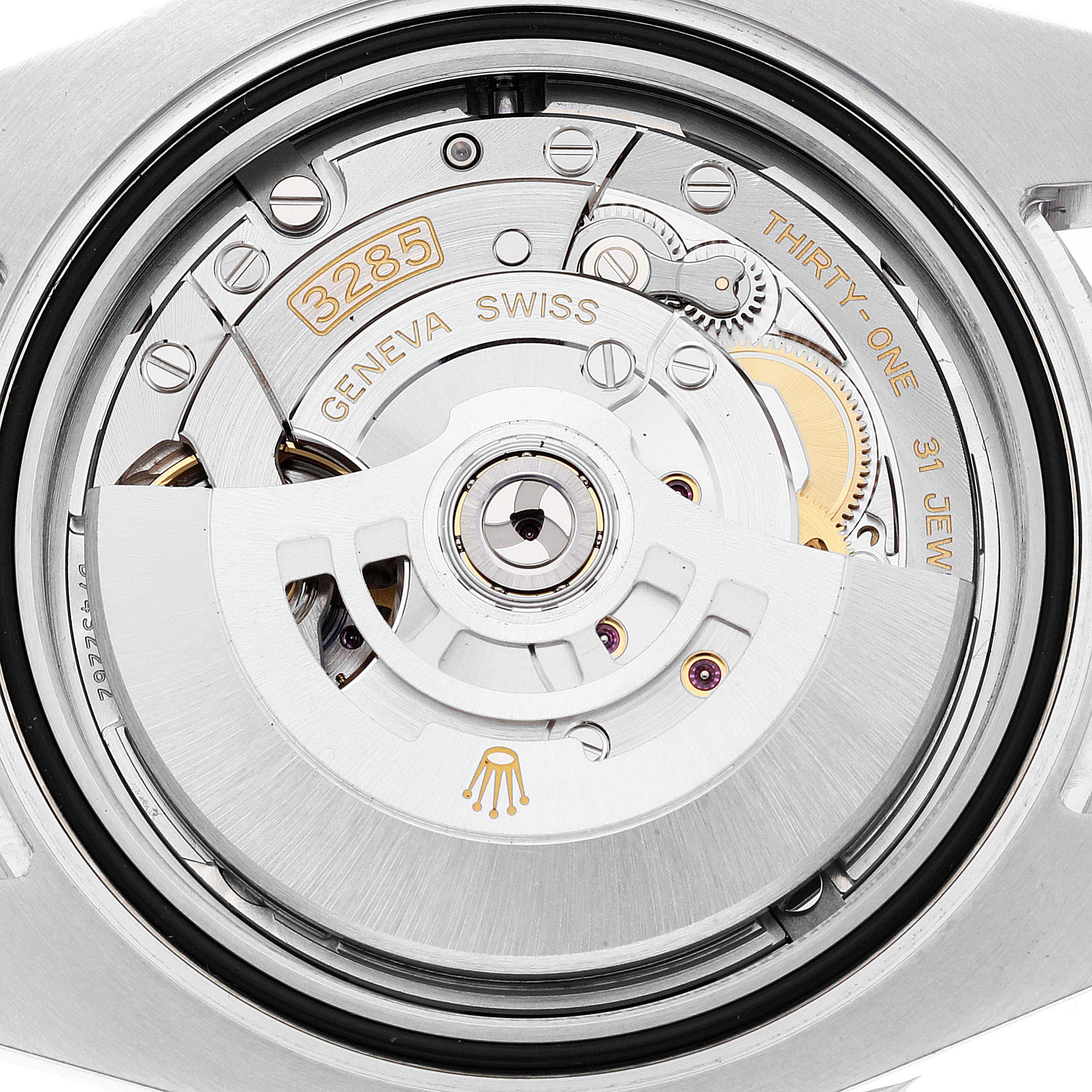 The image shows the back view of the Rolex GMT-Master 126710 Men
s Stainless Steel Black Dial 126710 Men
s Stainless Steel Black Dial model, focusing on its intricate movement mechanism labeled "3285."