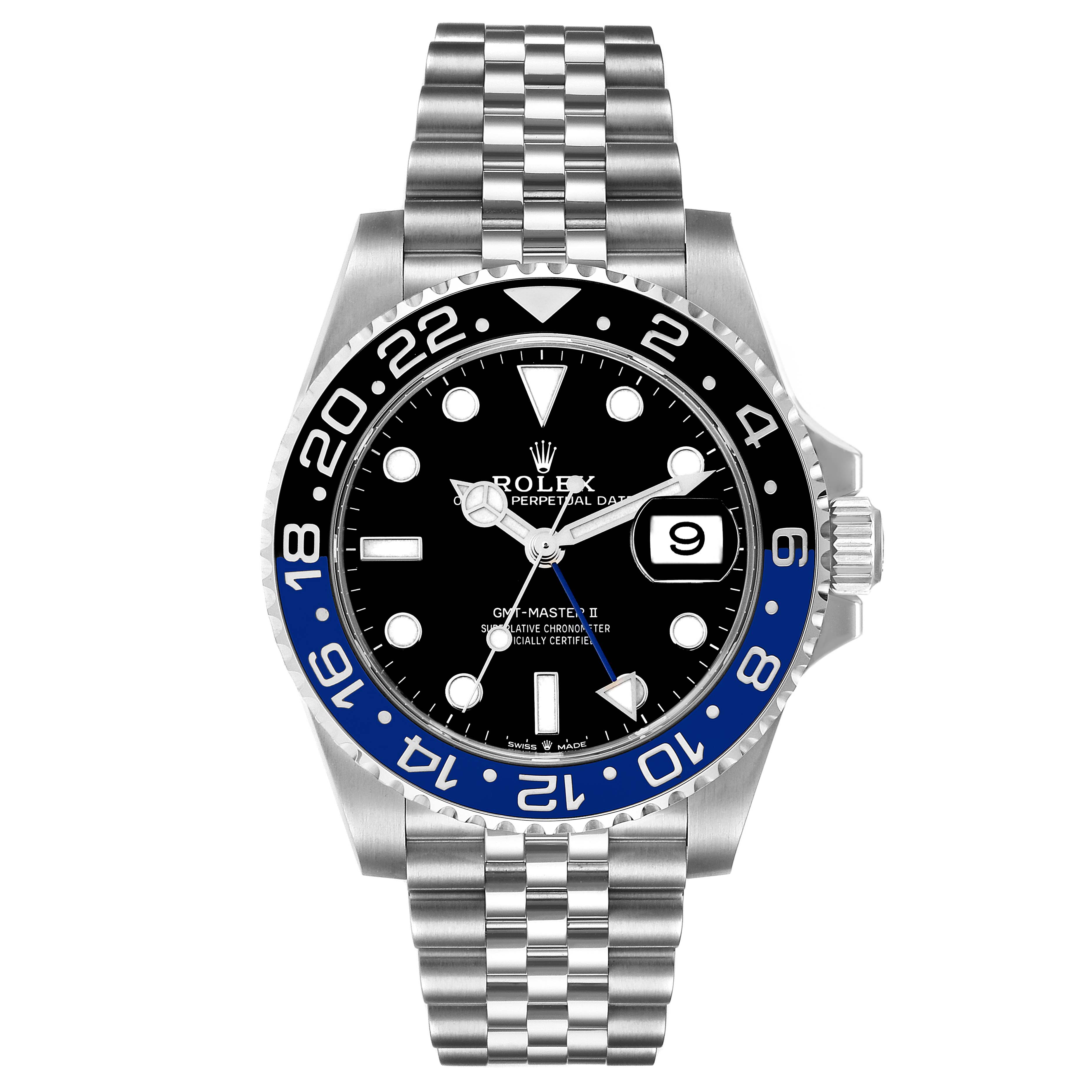 The image shows a full frontal view of a Rolex GMT-Master 126710 Men
s Stainless Steel Black Dial 126710 Men
s Stainless Steel Black Dial II watch, displaying its face, bezel, and bracelet.