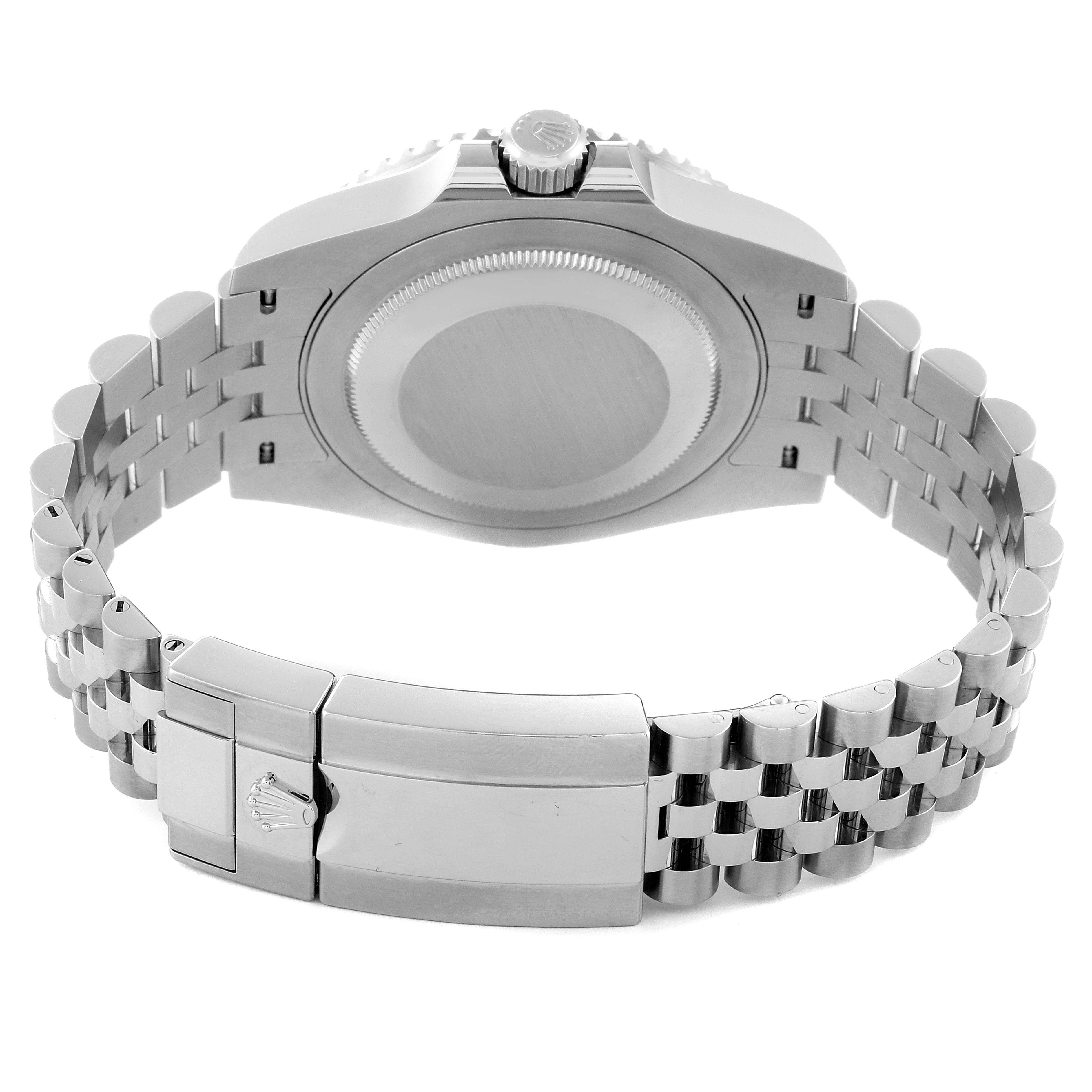 The image shows the rear view of a Rolex GMT-Master 126710 Men
s Stainless Steel Black Dial 126710 Men
s Stainless Steel Black Dial watch, including the case back and Jubilee bracelet with clasp.