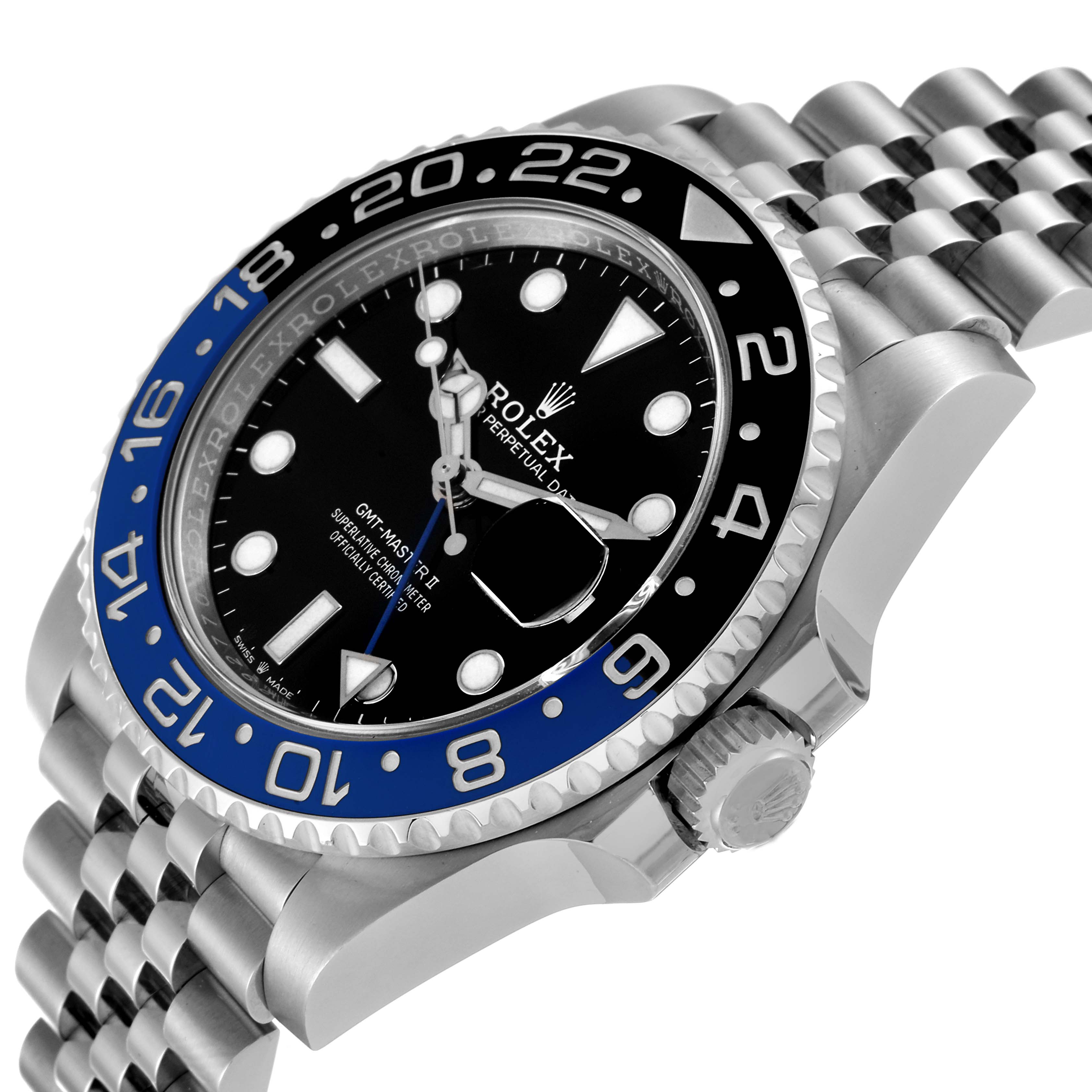 This Rolex GMT-Master 126710 Men
s Stainless Steel Black Dial 126710 Men
s Stainless Steel Black Dial II watch is shown at an angle highlighting the face, crown, bracelet, and bezel.