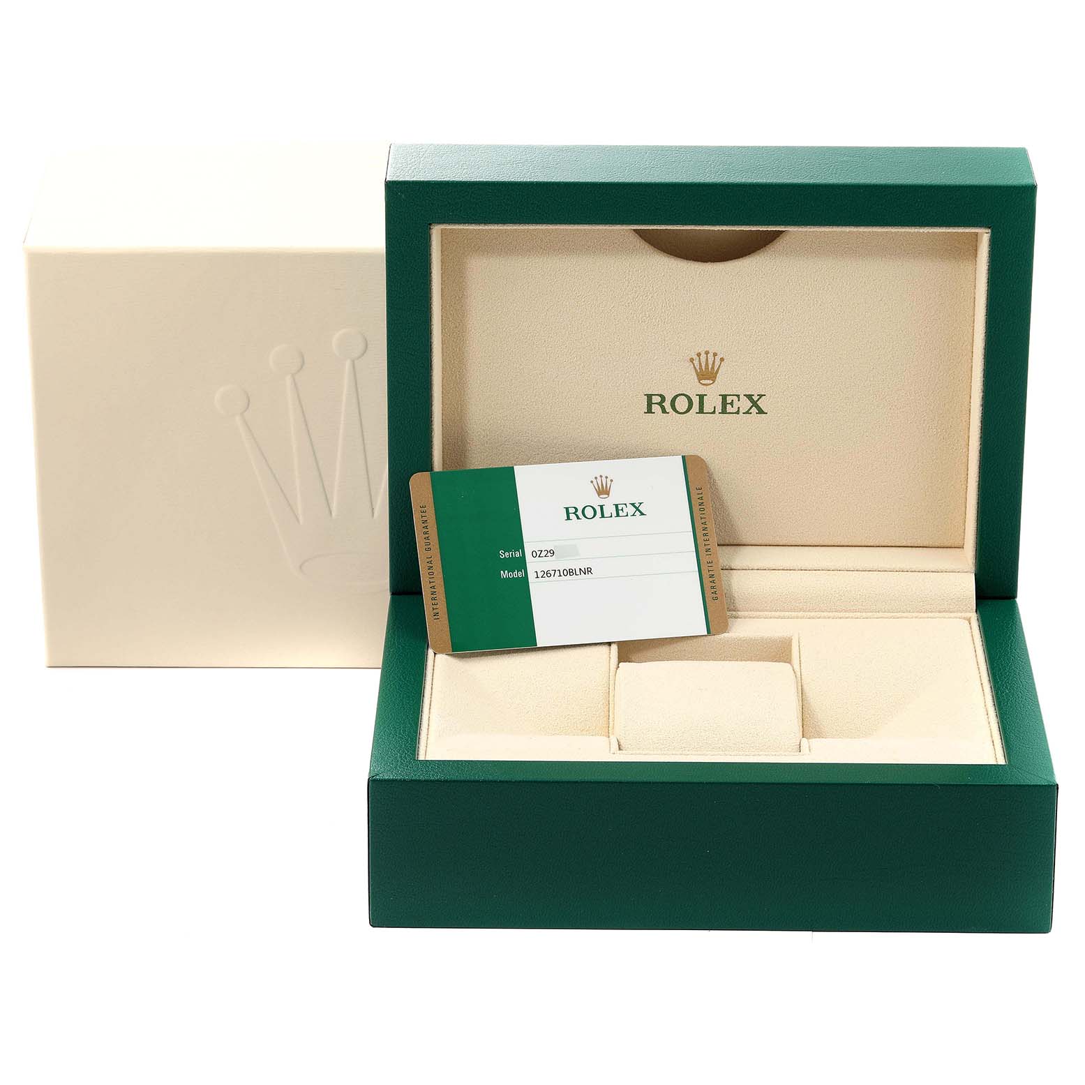 The image shows the packaging and certification card for the Rolex GMT-Master 126710 Men
s Stainless Steel Black Dial 126710 Men
s Stainless Steel Black Dial model, with an empty watch slot.