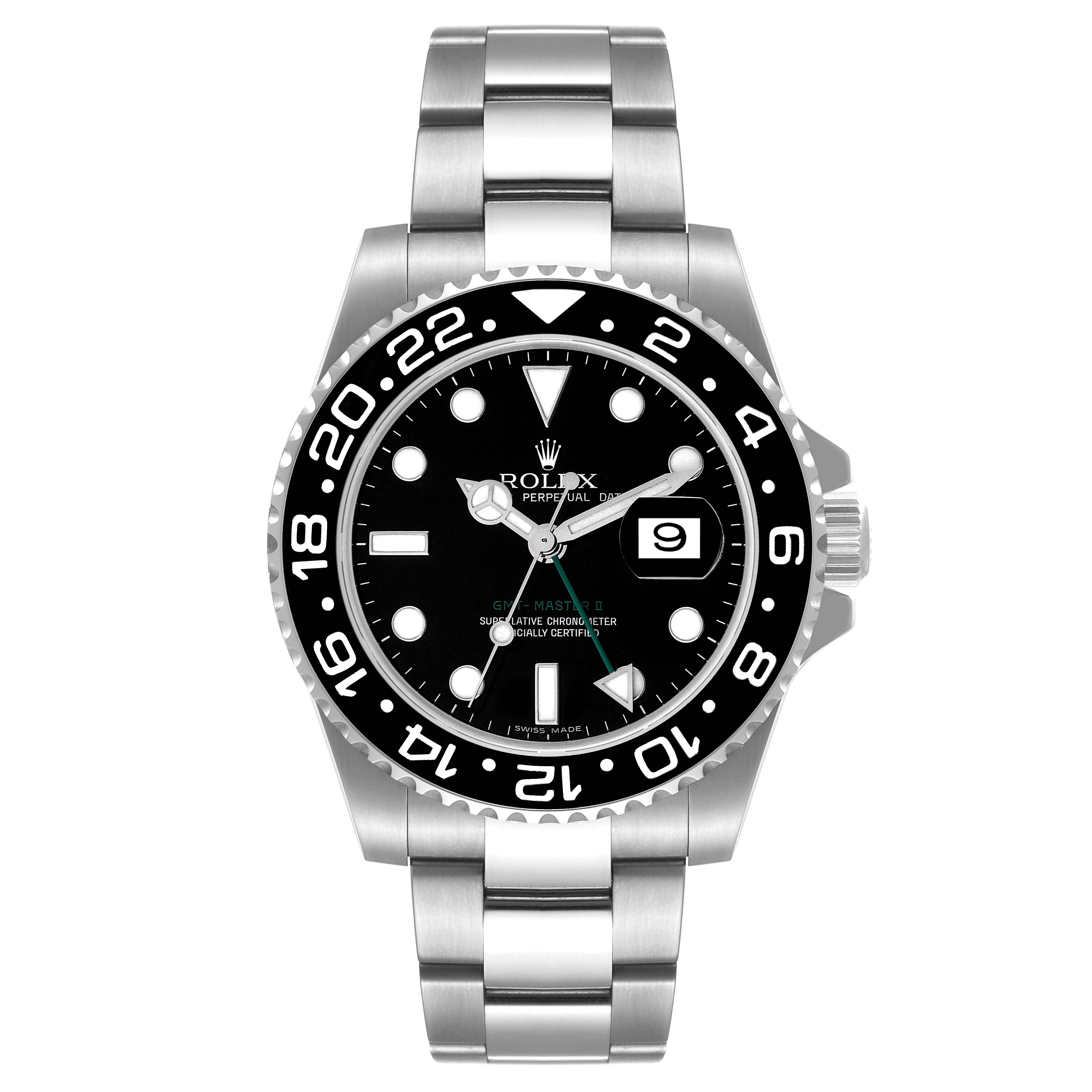 The Rolex GMT-Master 116710 Men
s Stainless Steel Black Dial 116710 Men
s Stainless Steel Black Dial watch is shown from a top-down angle, displaying the bezel, dial, case, and bracelet.